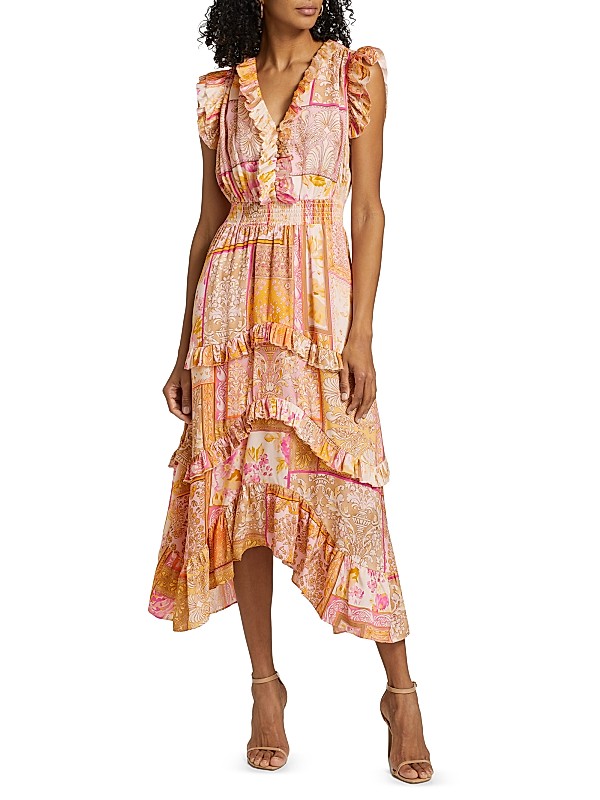 Shop Elie Tahari The Layla Printed Ruffle-Trim Midi-Dress Shop Elie Tahari The Layla Printed Ruffle-Trim Midi-Dress