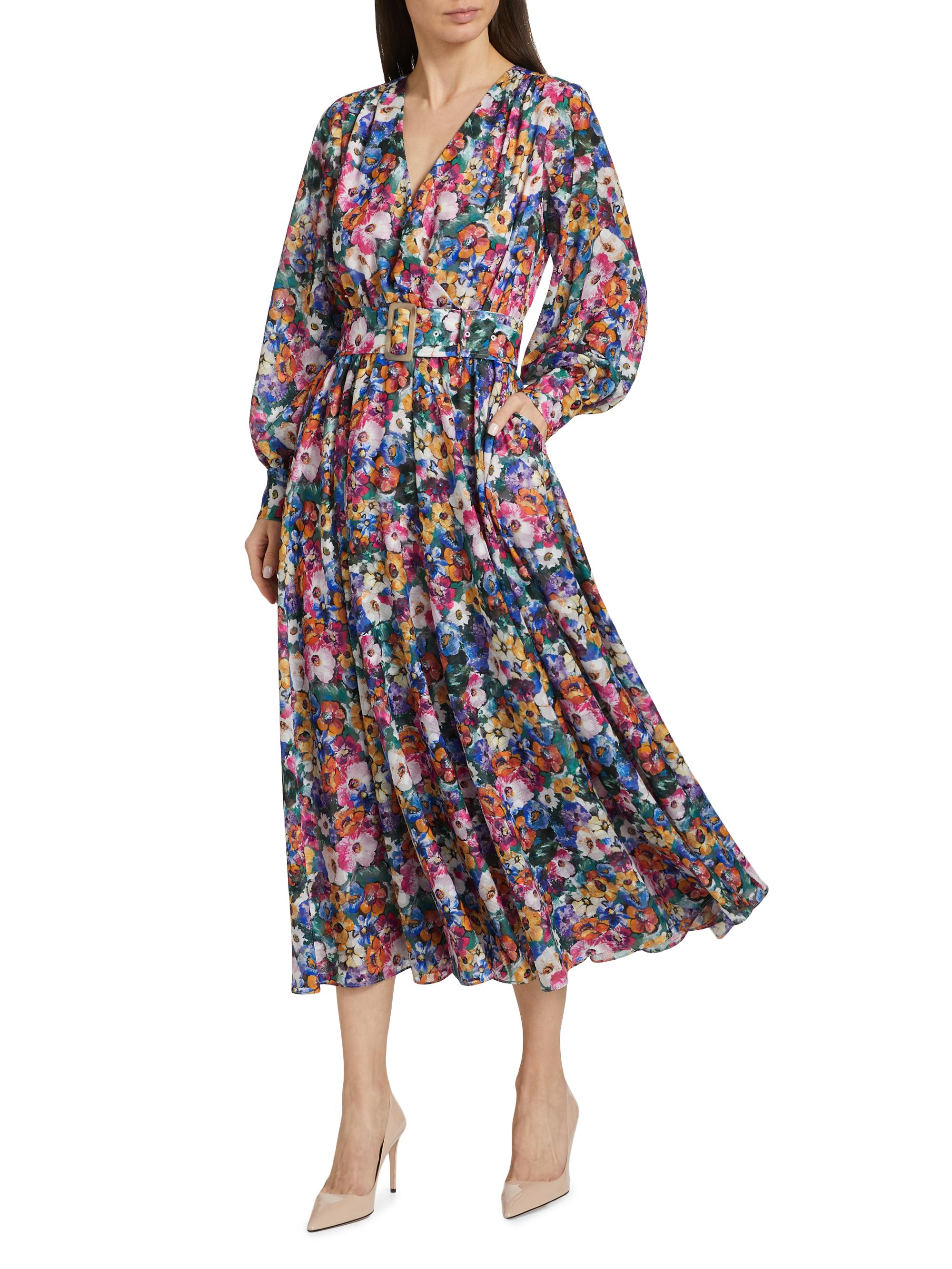 Elie Tahari Milena Floral Tie-Waist Midi-Dress | Saks Fifth Avenue