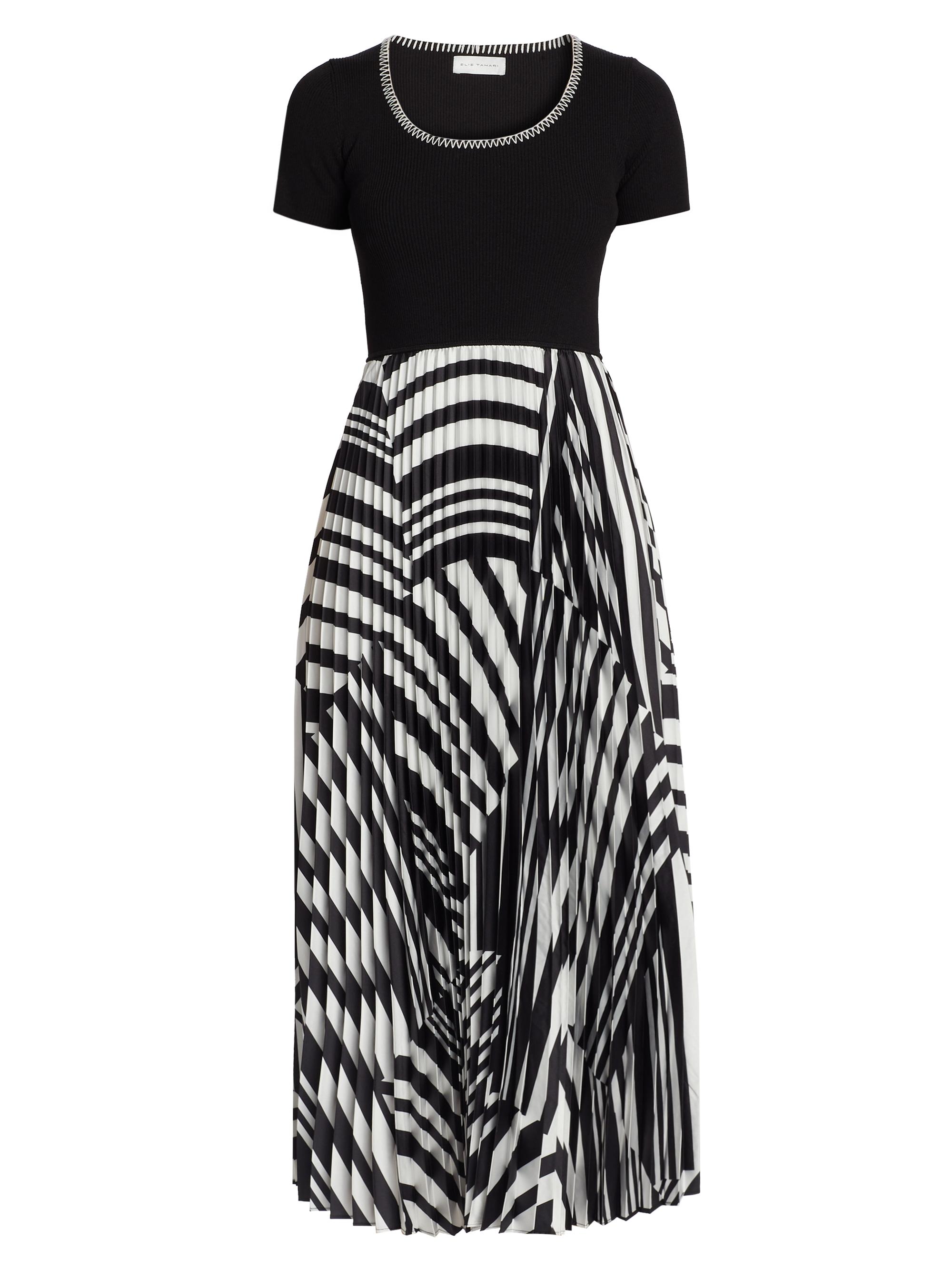 Elie Tahari Women's Aminah Pleated Geometric Midi-Dress - Noir With Tile Stripe