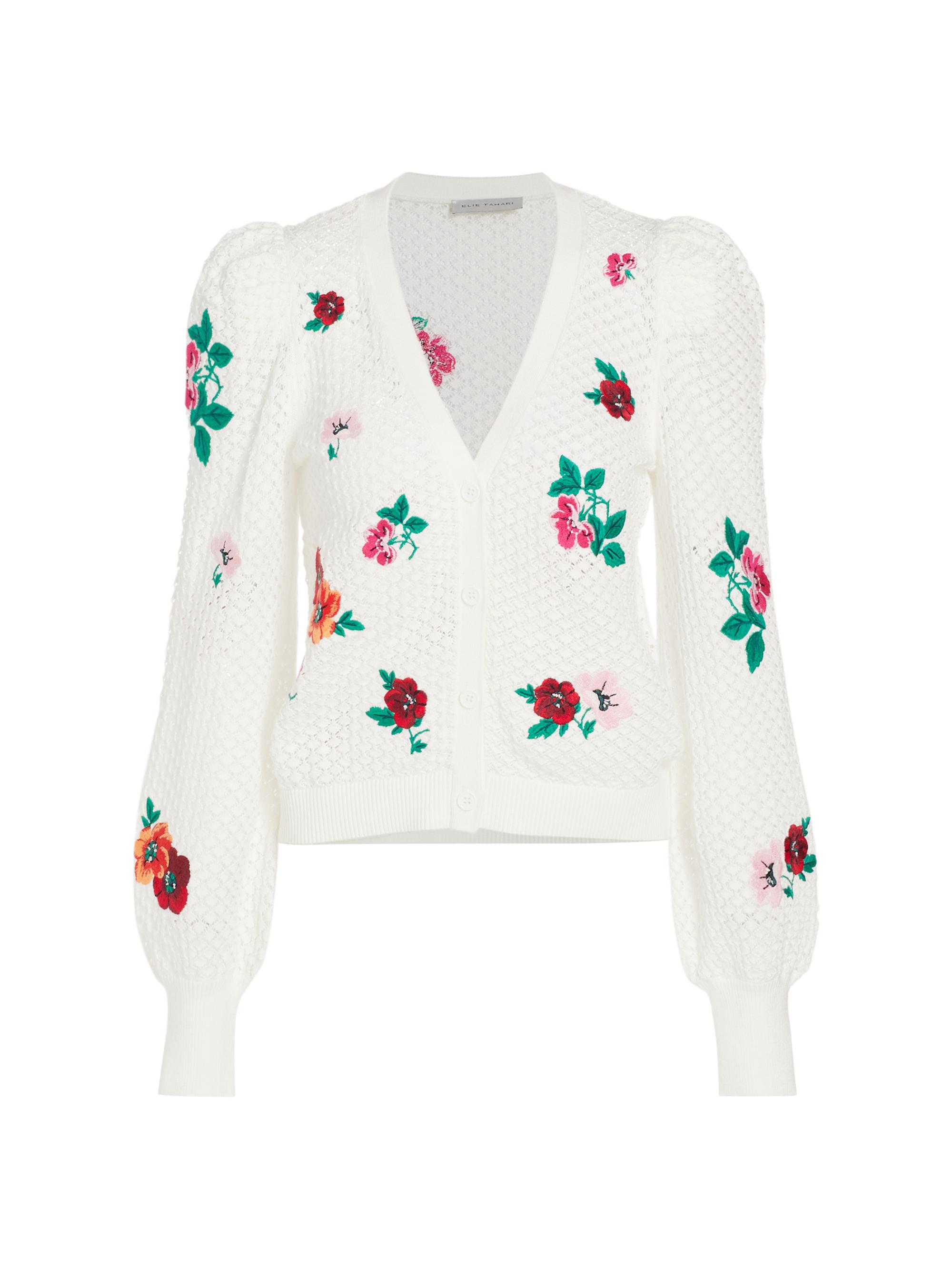 Shop Elie Tahari Brielle Floral Cotton Pointelle Knit Cardigan  
