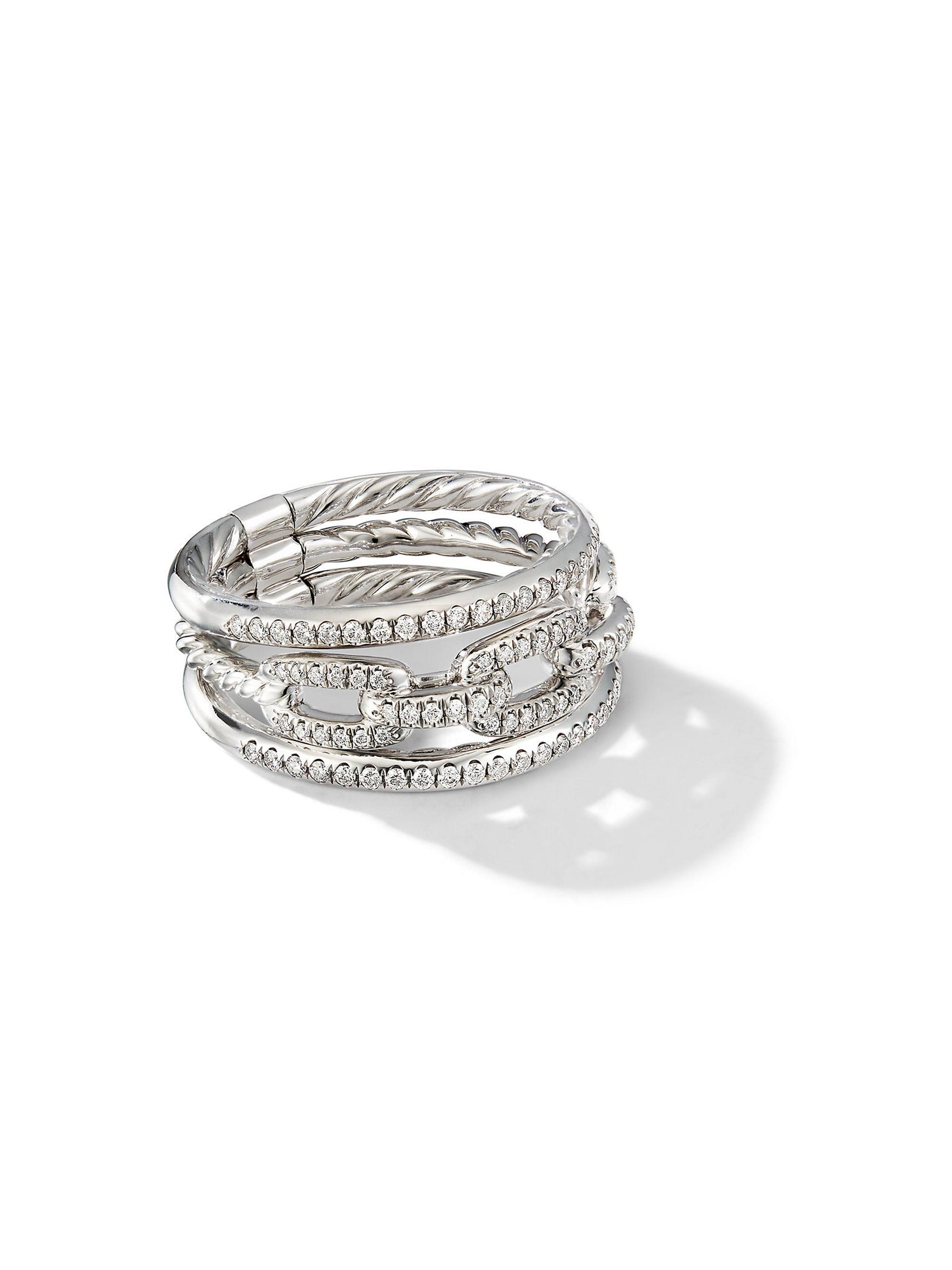 David Yurman Women's Stax Three Row Chain Link Ring in 18K White Gold - Diamond