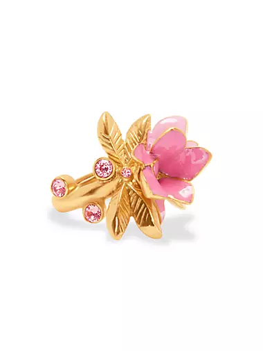Goldtone, Enamel & Glass Crystal Flower Ring