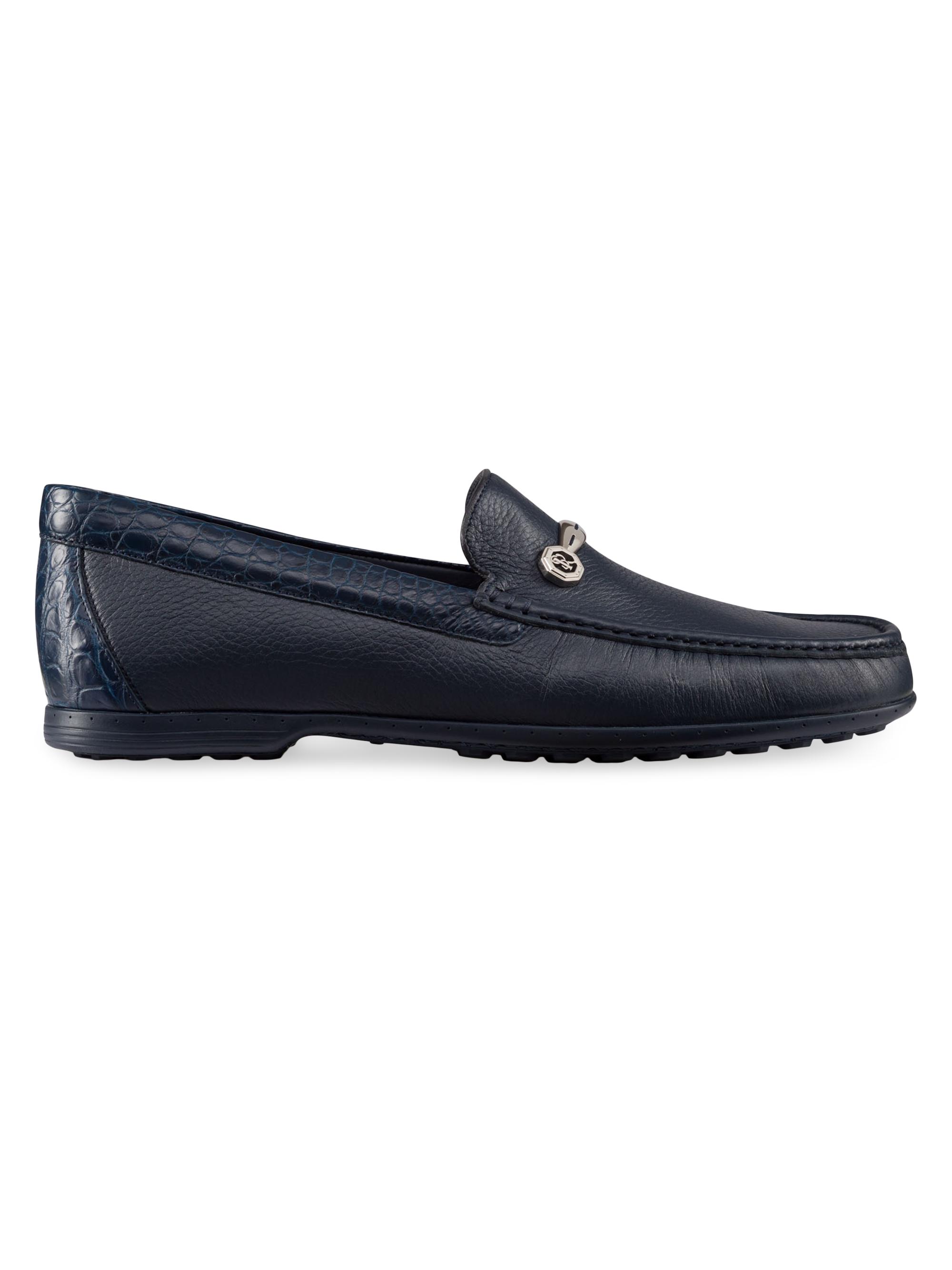 Stefano Ricci Men's Deerskin and Crocodile Leather Loafers - Dark Blue