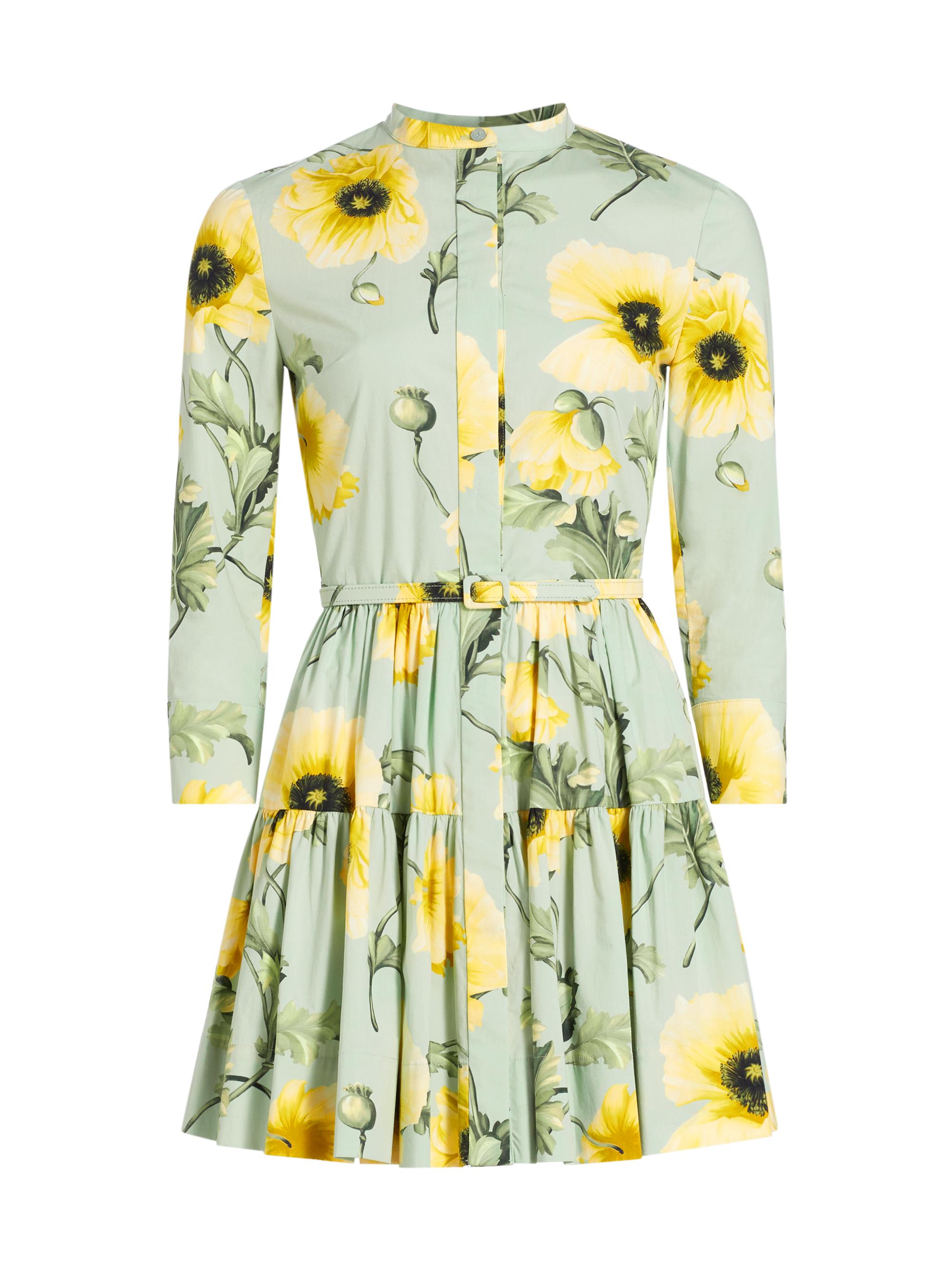 Oscar de la Renta Women's Poppies Stretch-Cotton Belted Tiered Minidress - Sage Yellow