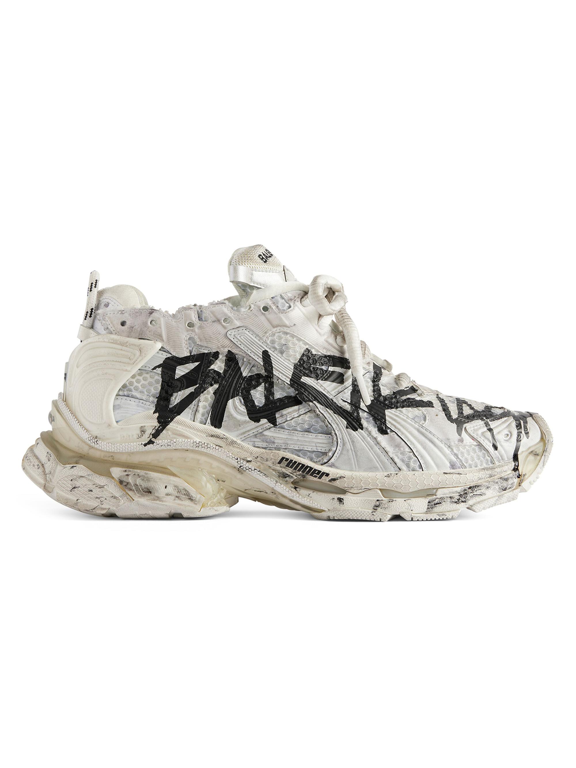 Balenciaga Men's Graffiti Low-Top Running Sneakers - White