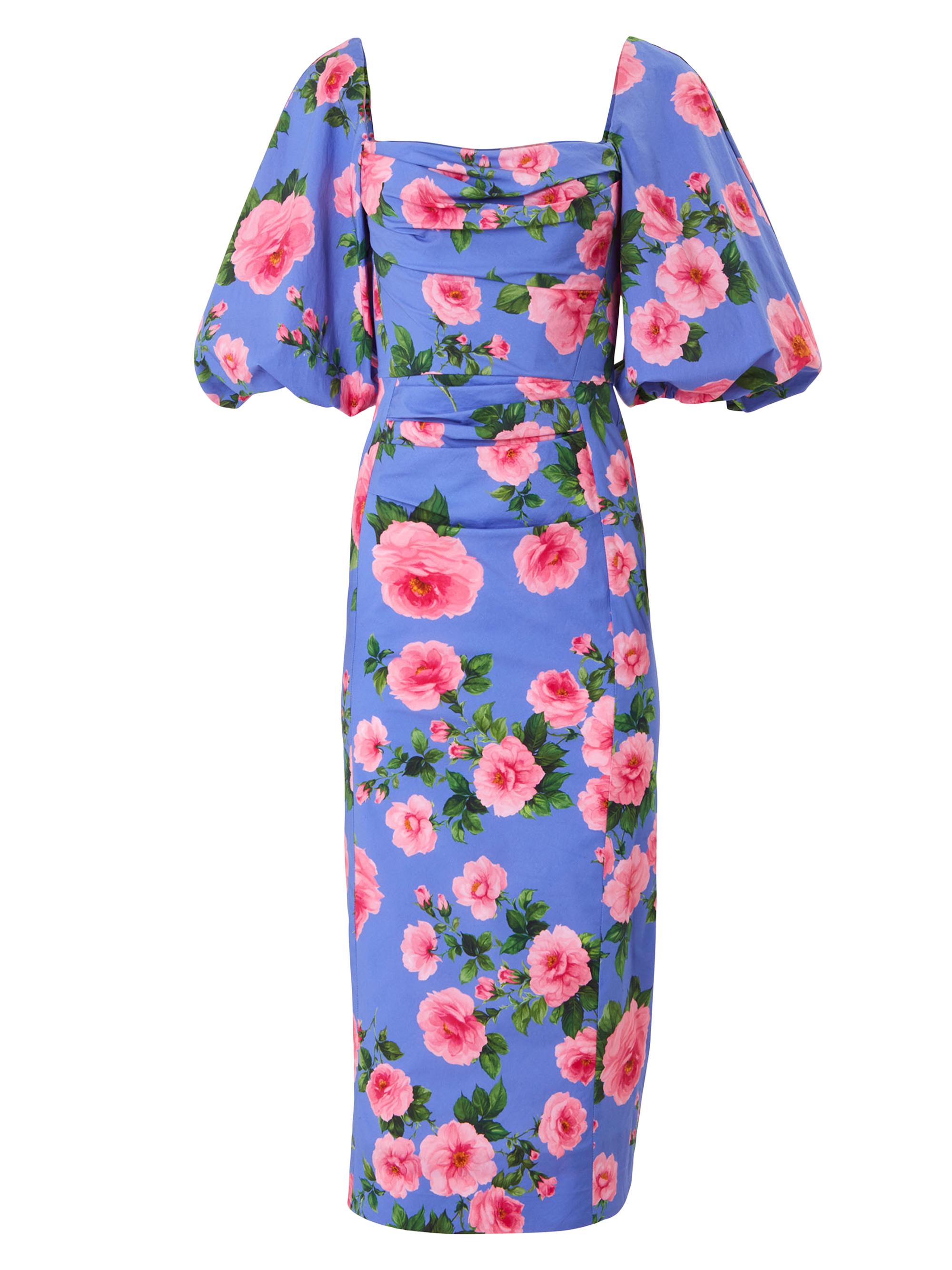 Carolina Herrera Women's Floral Stretch-Cotton Balloon-Sleeve Midi-Dress - Delphinium Multi