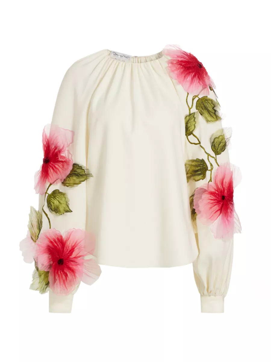 Shop Oscar de la Renta Appliqué Floral Hibiscus Silk-Blend Shop Oscar de la Renta Appliqué Floral Hibiscus Silk-Blend