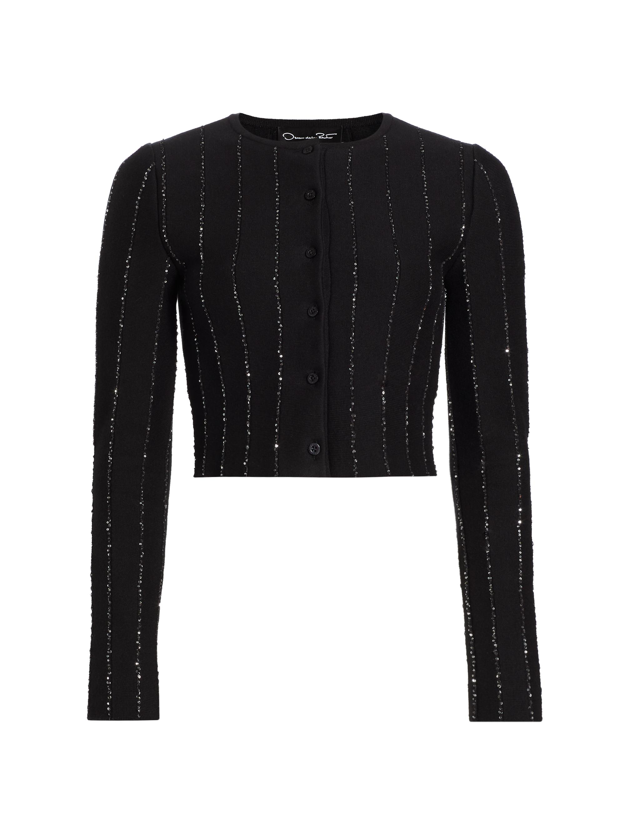 Oscar de la Renta Women's Yard Sequined Cotton-Blend Crop Cardigan - Black