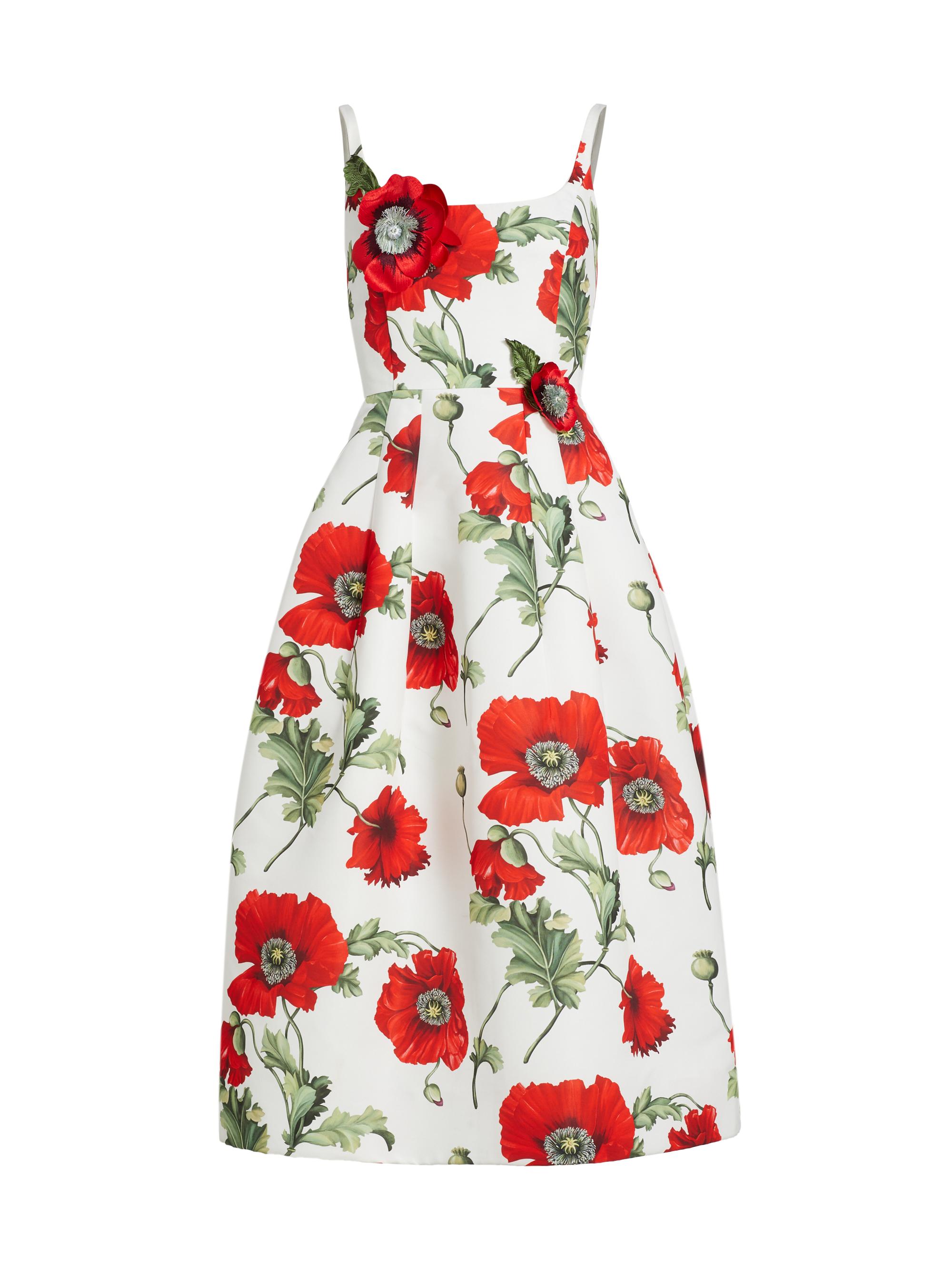 Oscar de la Renta Women's Poppies Silk Faille Midi-Dress - White Red