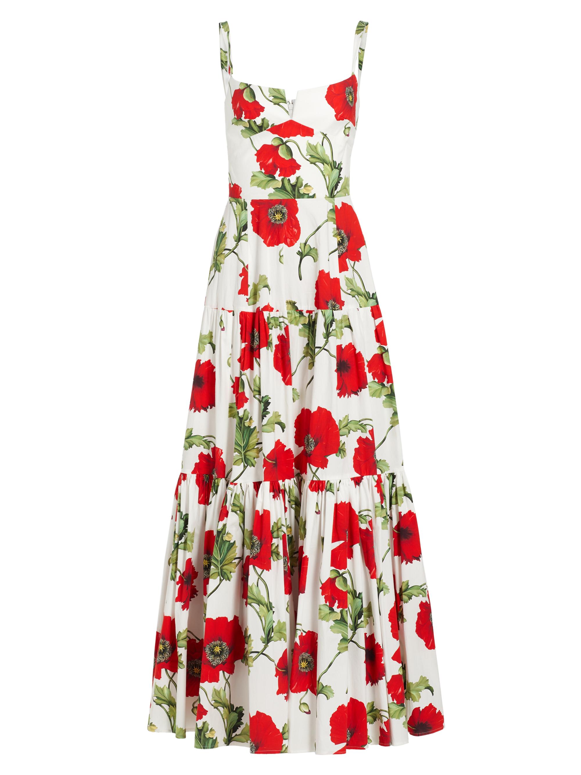 Oscar de la Renta Women's Poppies Stretch-Cotton Belted Tiered Maxi Dress - White Red