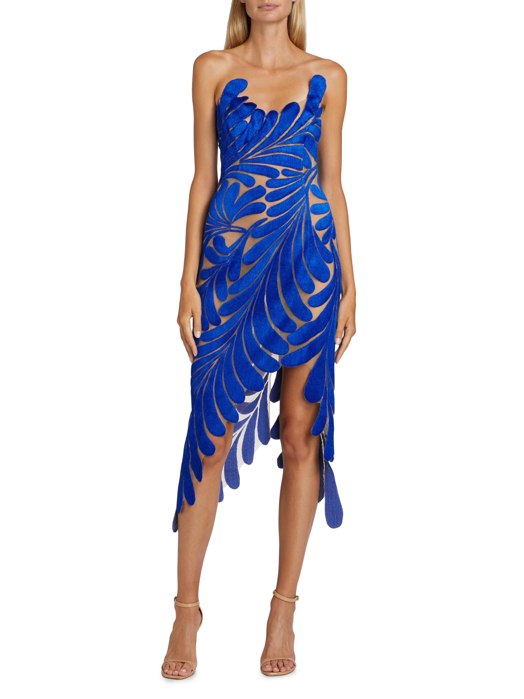 Oscar de la Renta シルク100% ペイズリー柄ドレス ブルー Oscar de la Renta Fern Threadwork Embroidered Cocktail Dress