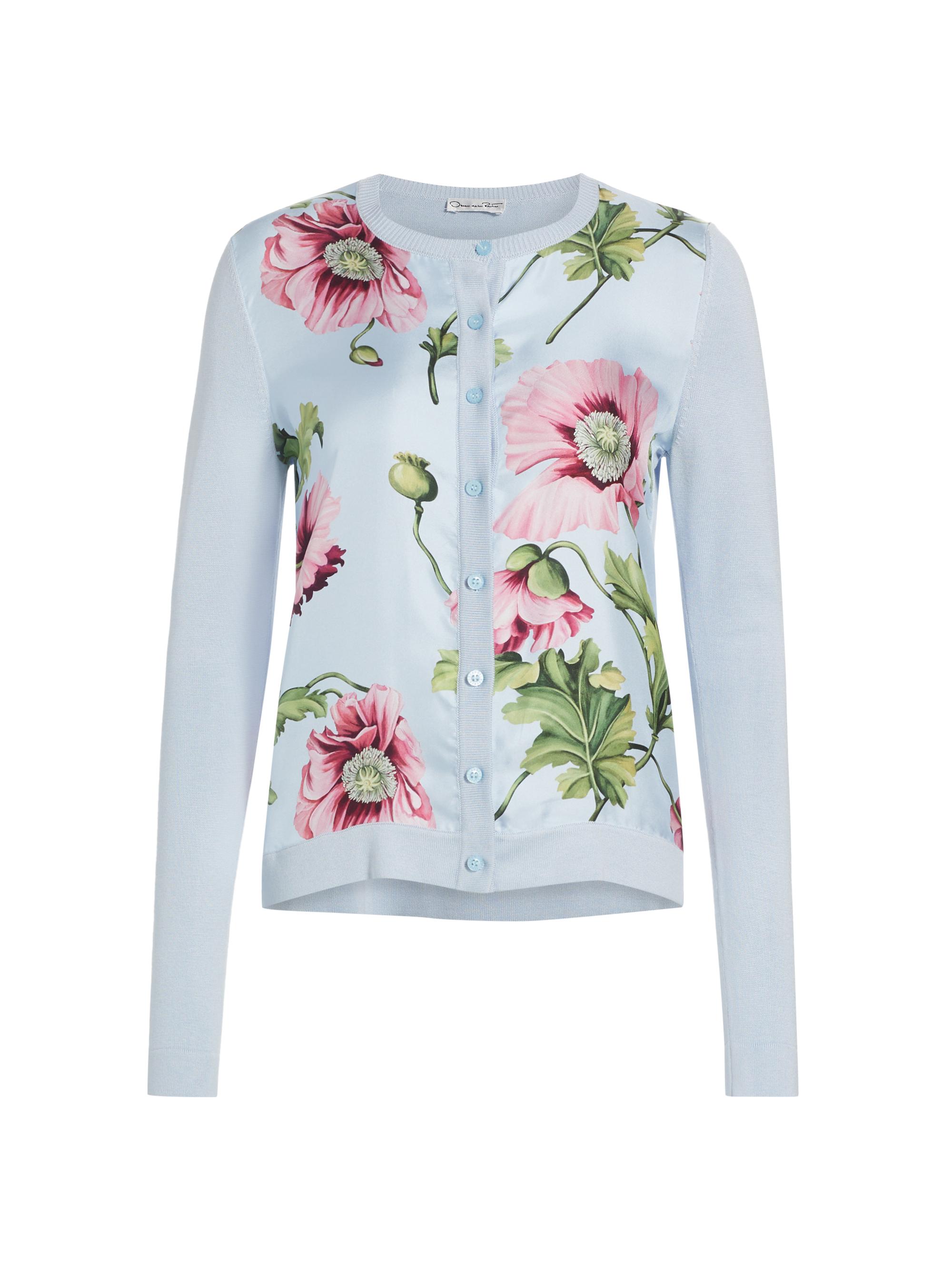 Oscar de la Renta Women's Poppies Silk Twill Cardigan - Blue Pink
