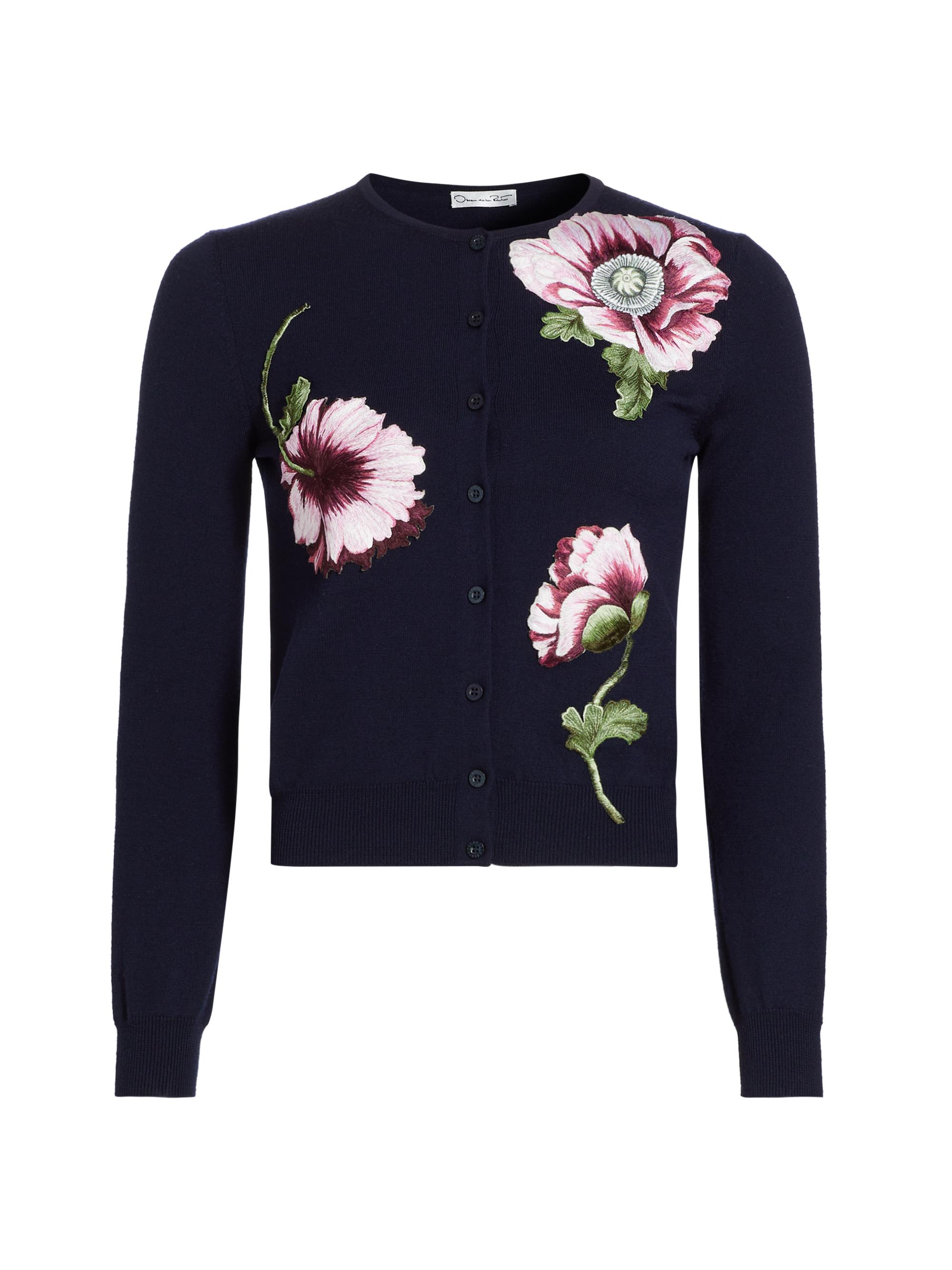 Oscar de la Renta Women's Poppies Embroidered Wool Cardigan - Navy Pink