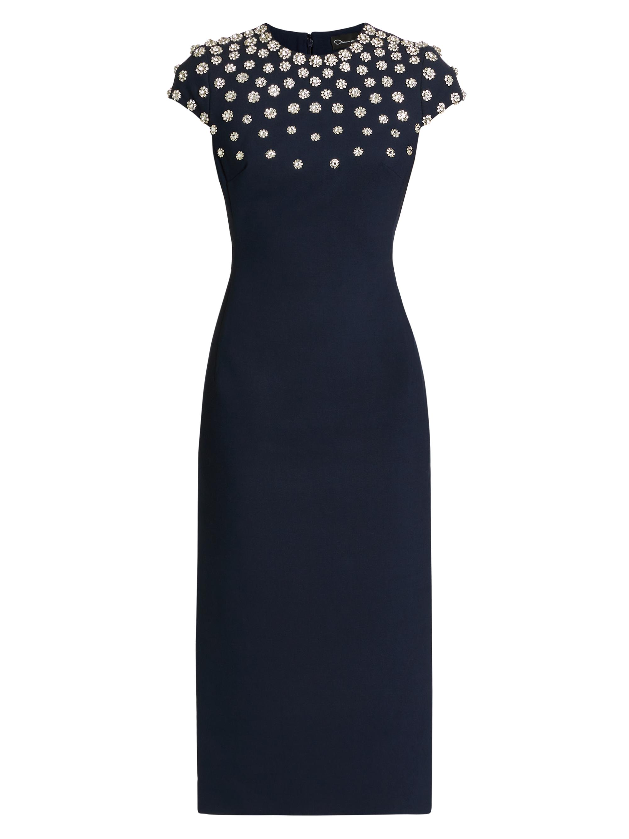 Oscar de la Renta Women's Crystal & Imitation Pearl Embroidered Stretch-Wool Dress - Navy