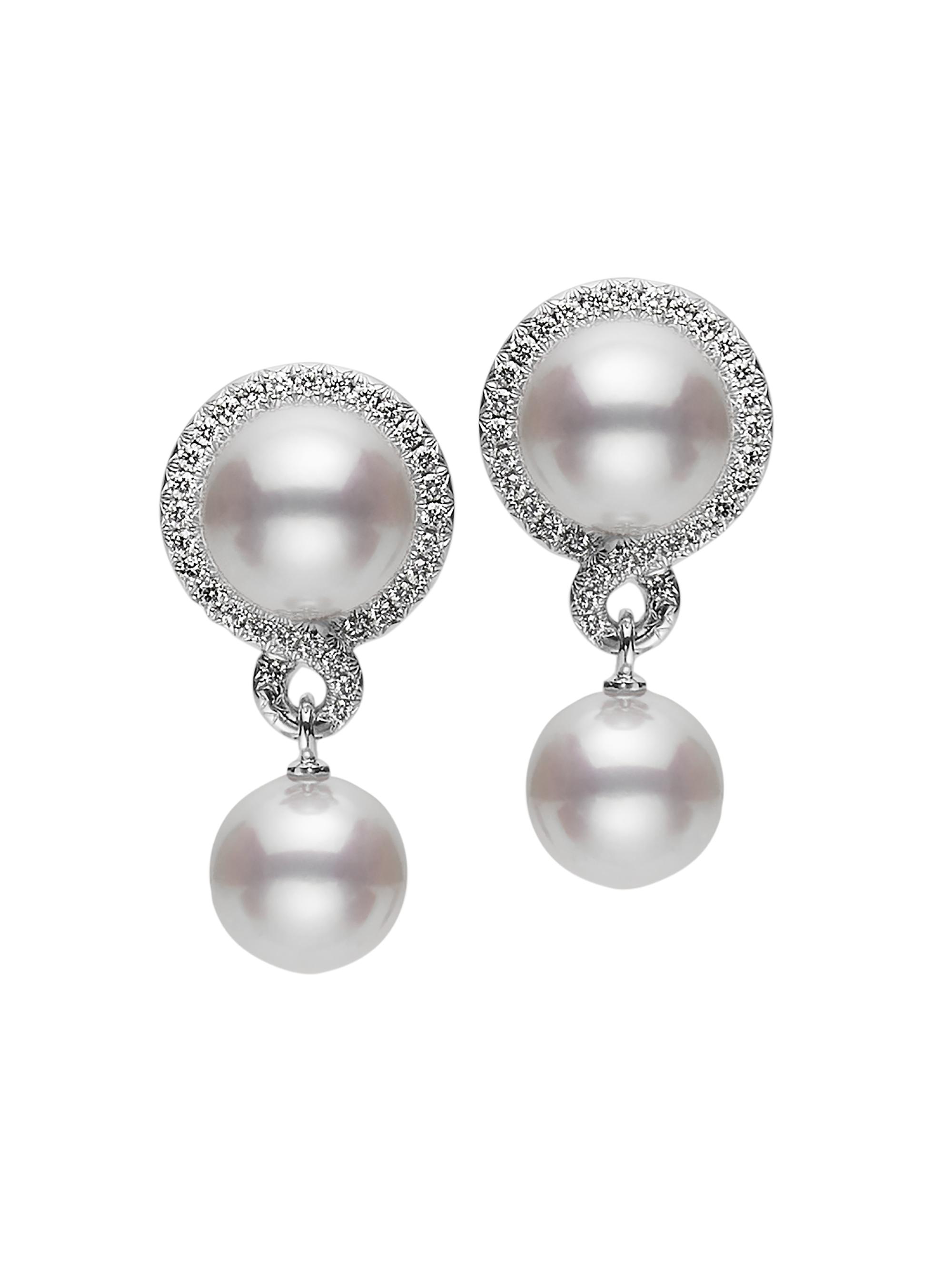 Mikimoto Women's Petit Soleil 18K White Gold, Cultured Akoya Pearl & 0.25 TCW Diamond Drop Earrings - White Gold