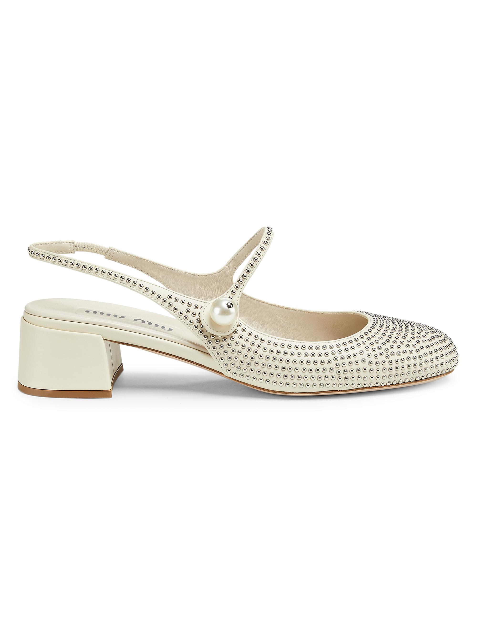 Miu Miu Women's Studded 35MM Leather Slingback Pumps - Avorio