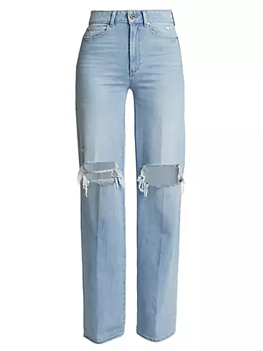 Ripped Straight Leg Loose Fit Jeans, High Rise Wide Legs Distressed Denim  Pants, Women's Denim Jeans & Clothing