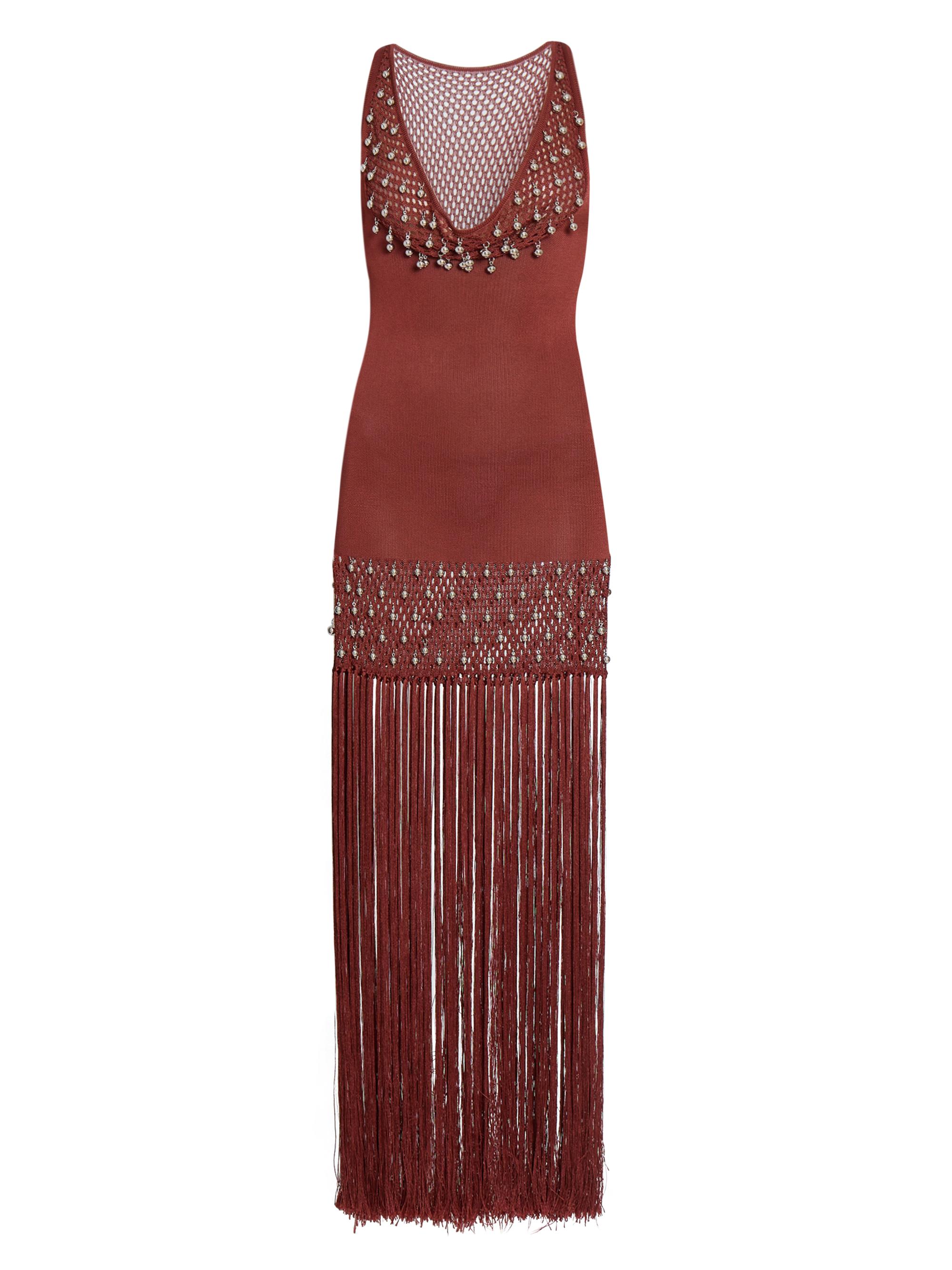 Rabanne Women's Beaded Fringe Knit Maxi Dress - Cherry