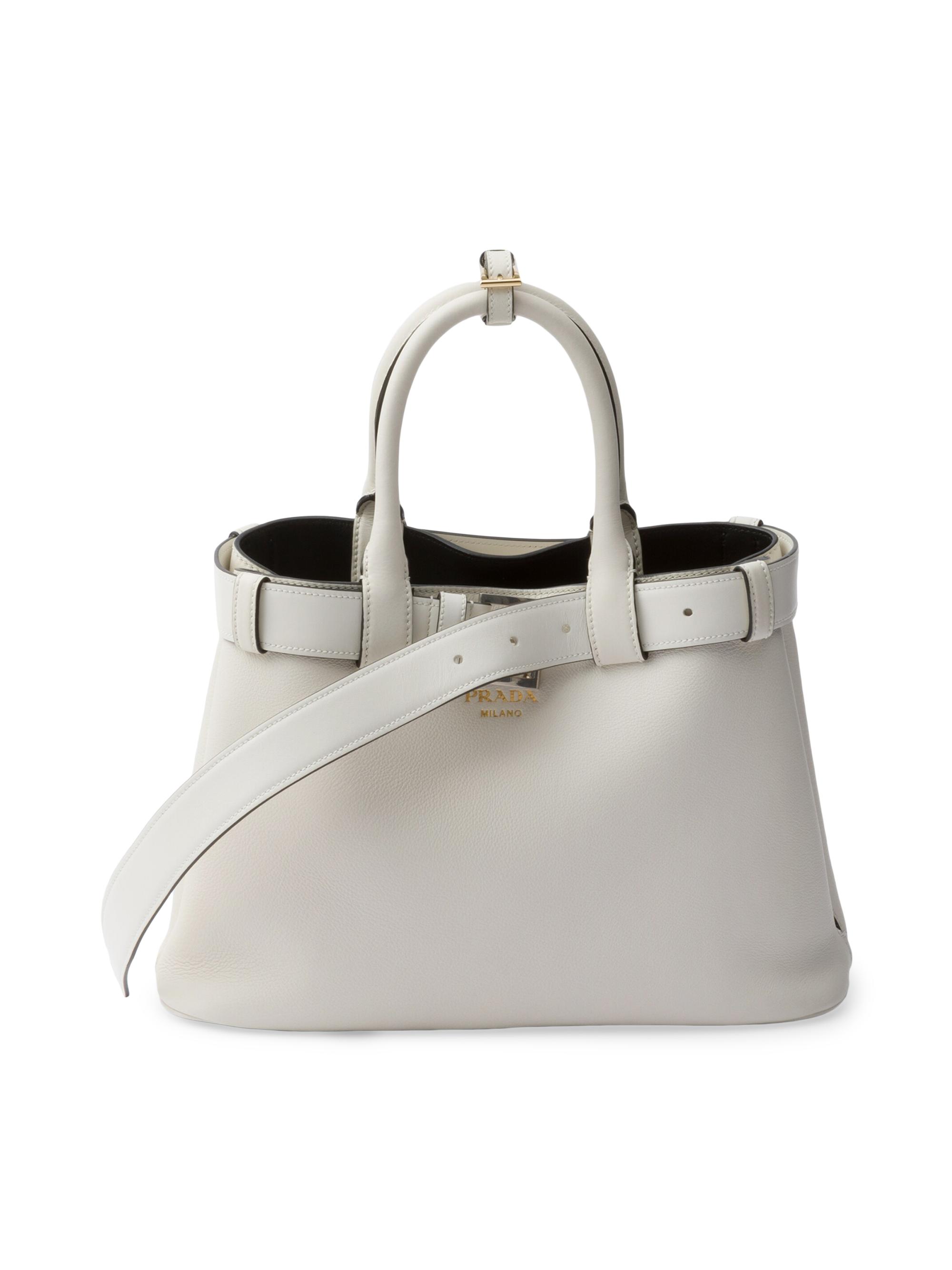 Prada Women's Buckle  Leather Top Handle Bag with Belt - White