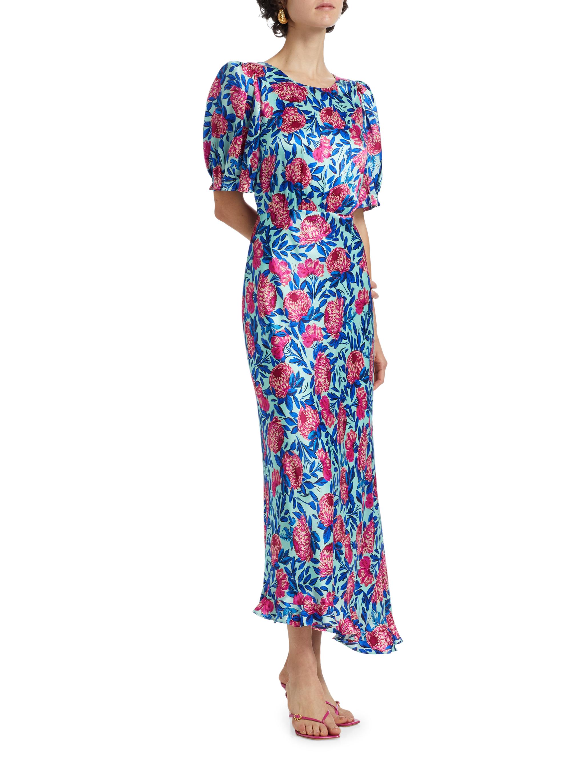Saloni Women's Vida D Silk Dress - Blue - Size 0 - Paeonia Fuchsia