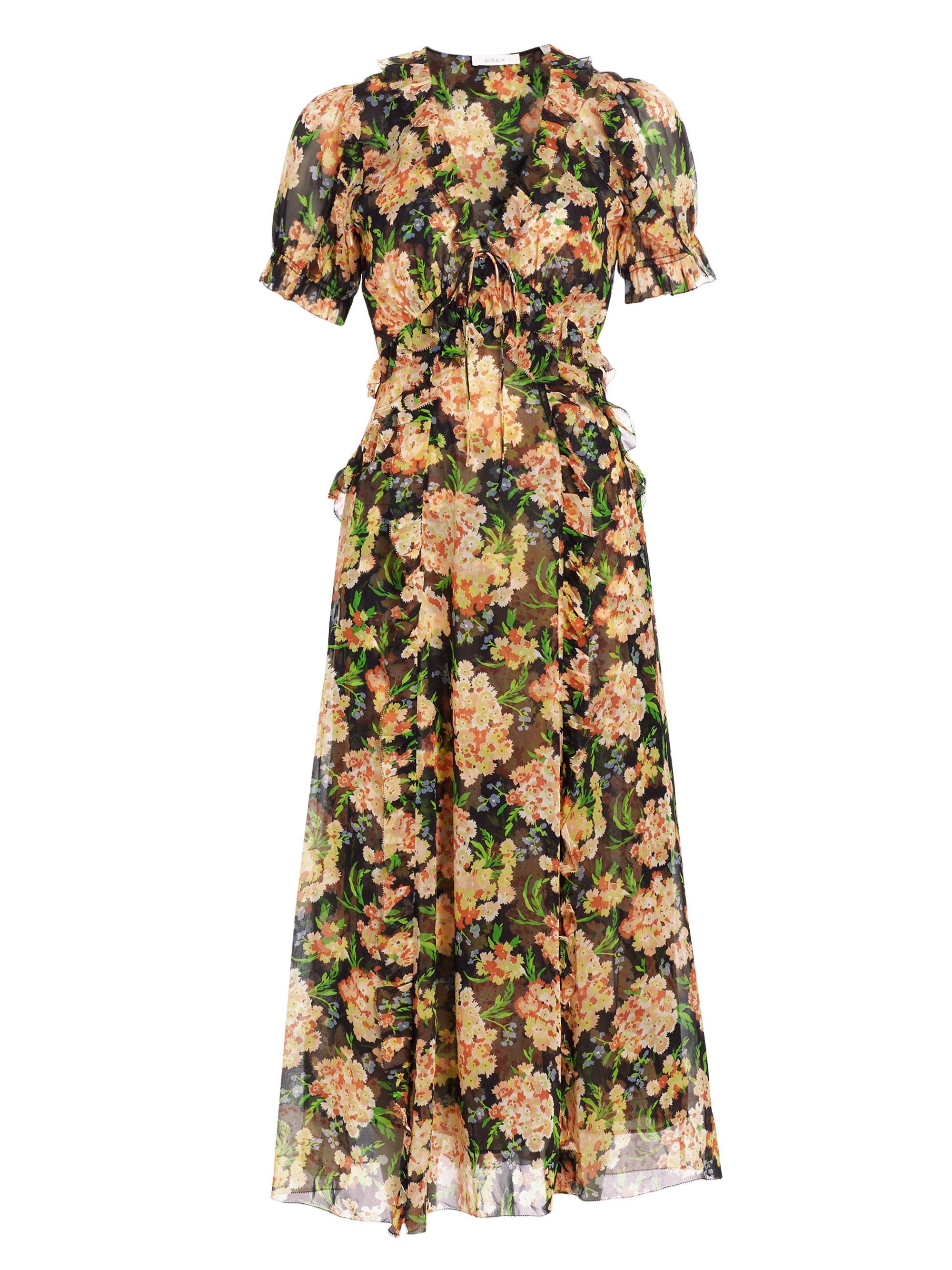 DÔEN Elisabeth Floral Silk Georgette Ruffle Midi-Dress | Saks