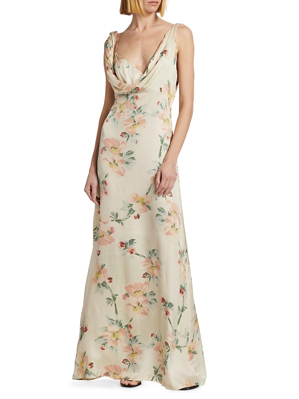 Shop Toteme Twisted Floral Satin Maxi Dress | Saks Fifth Avenue Shop Toteme Twisted Floral Satin Maxi Dress | Saks Fifth Avenue