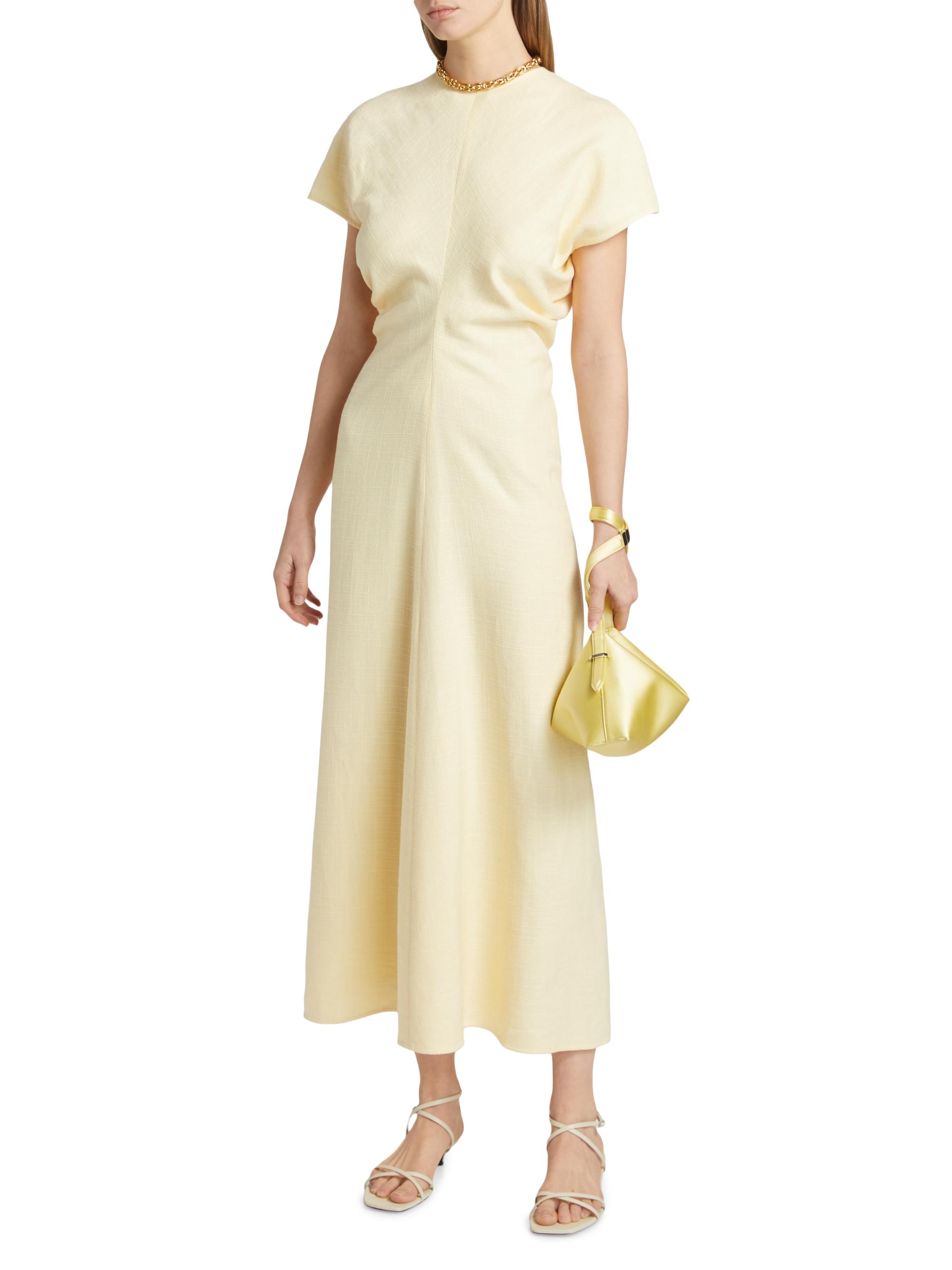 Toteme Women's Crinkled Slouch-Waist Midi-Dress - Straw - side view in Straw