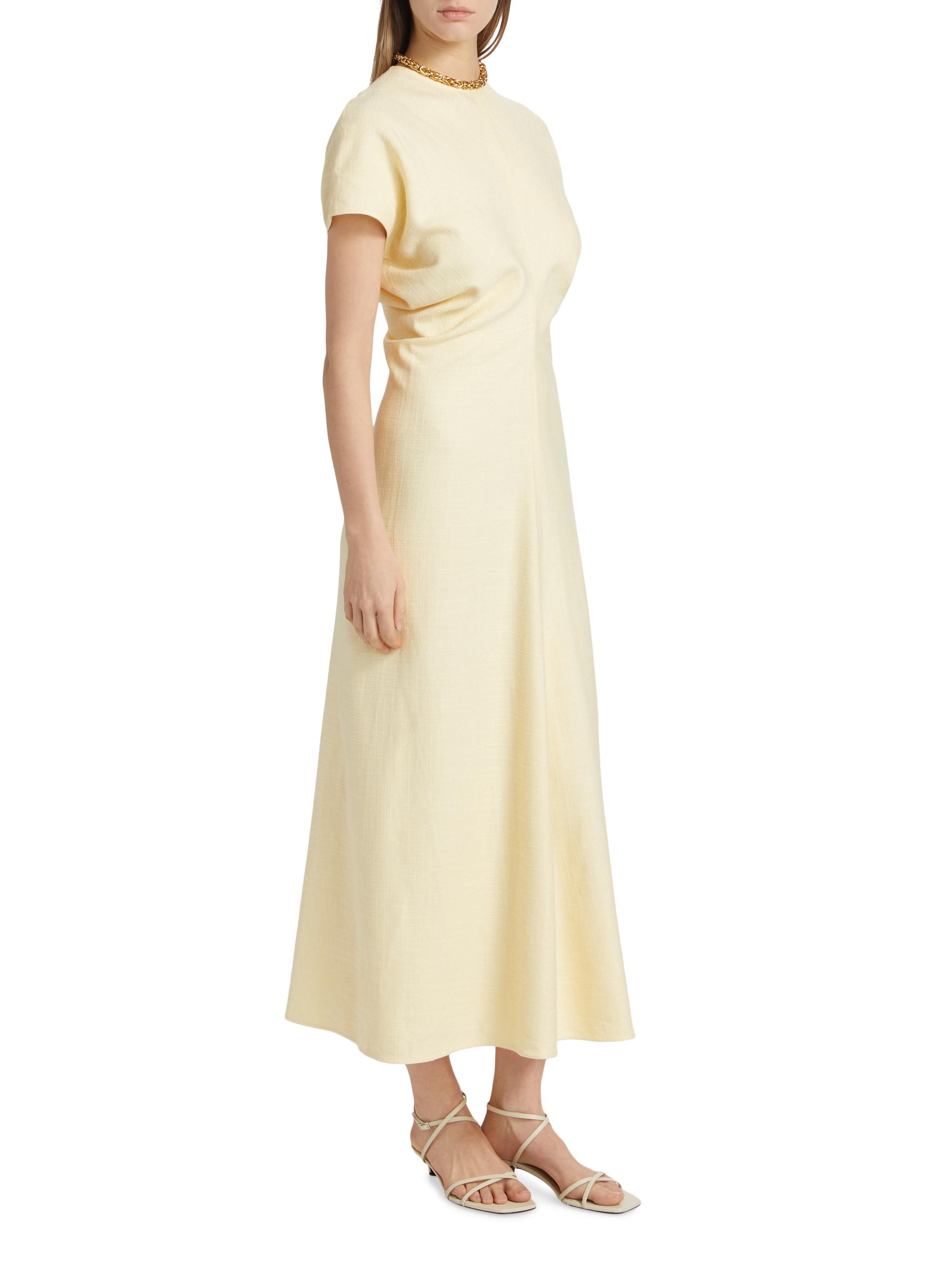 Toteme Women's Crinkled Slouch-Waist Midi-Dress - Straw - detail view in Straw