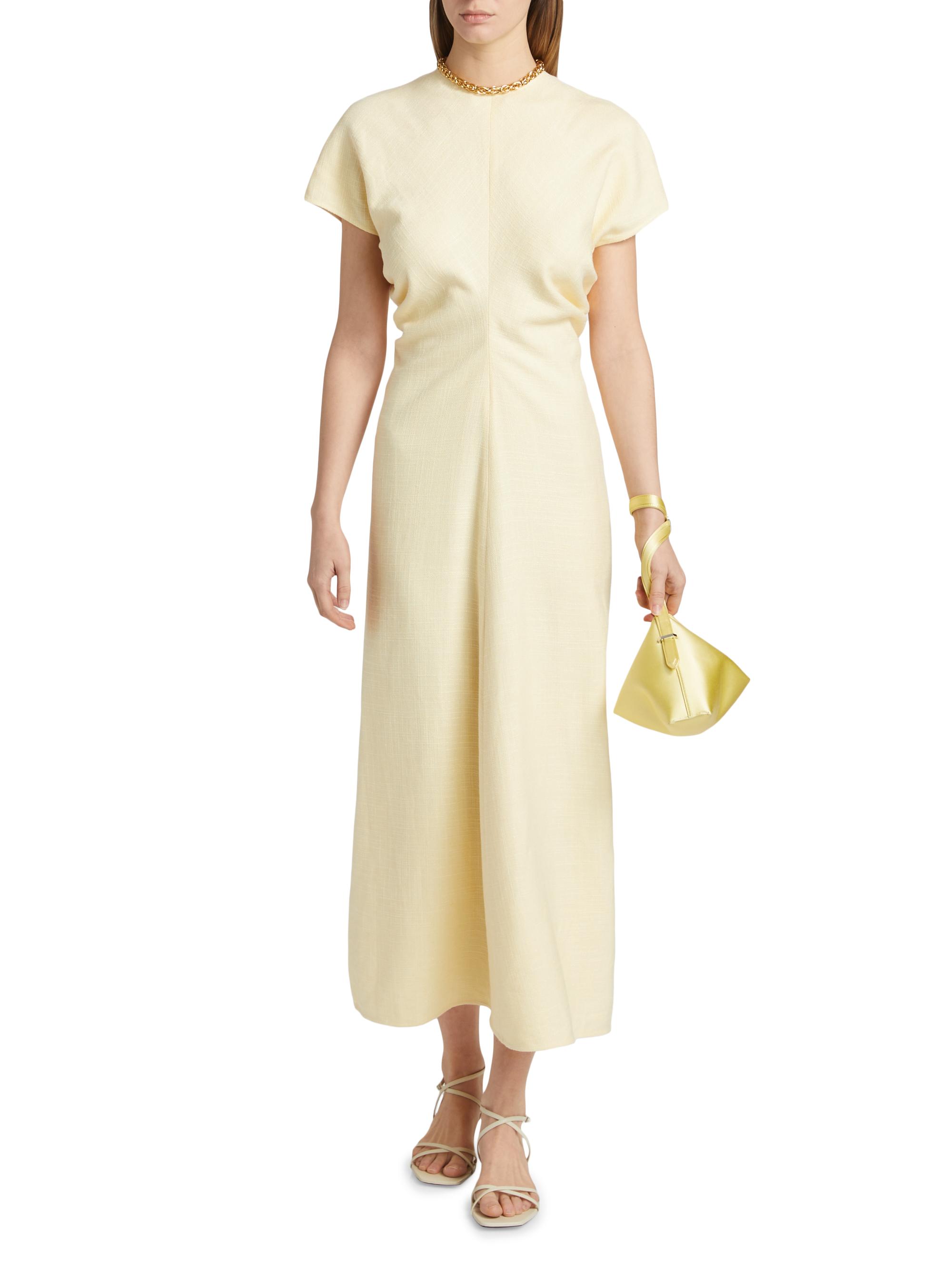 Toteme Women's Crinkled Slouch-Waist Midi-Dress - Straw - back view in Straw