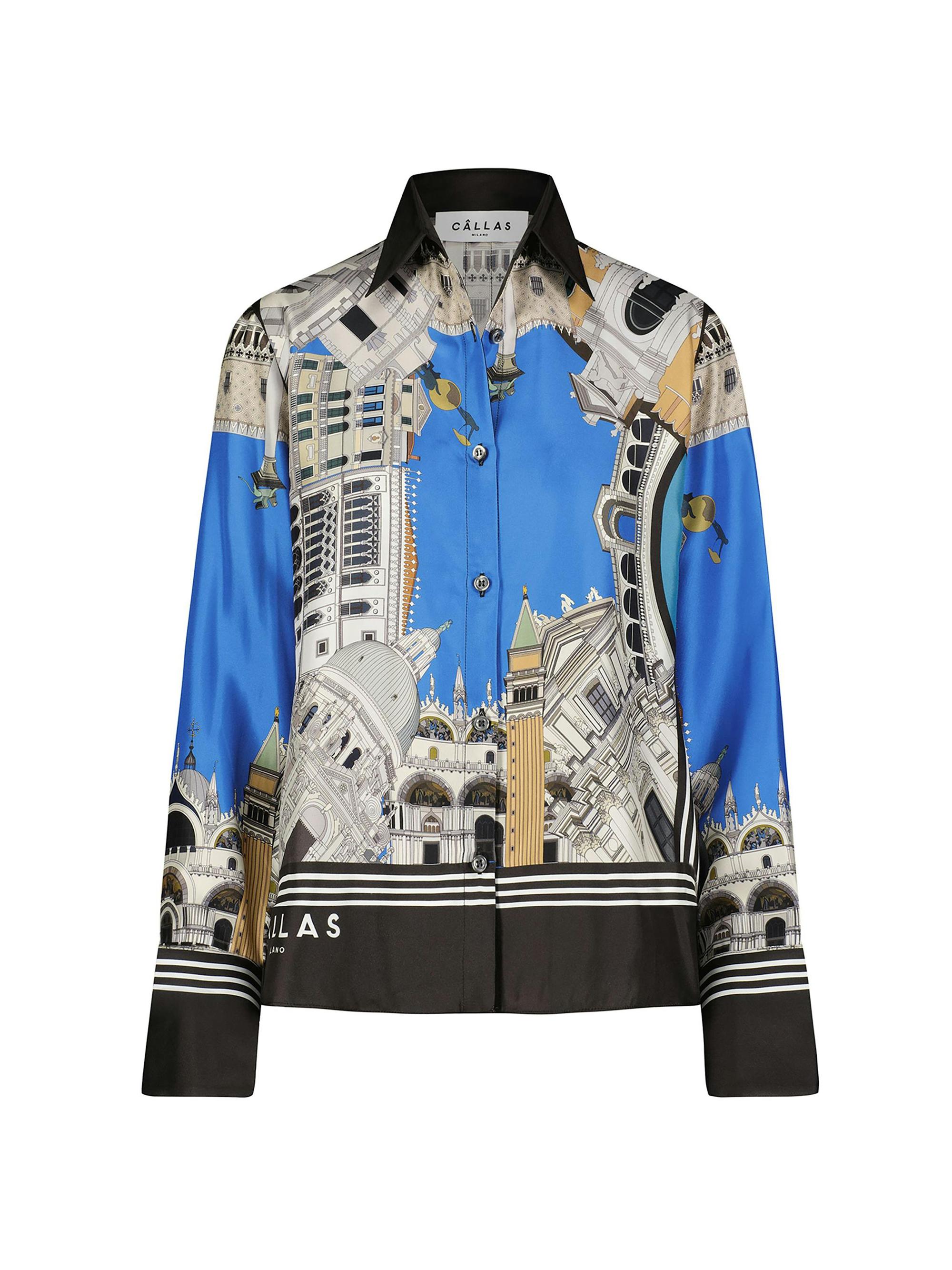 Callas Milano Women's Silk Twill Shirt with Venice Scarf Print Back - Blue Black