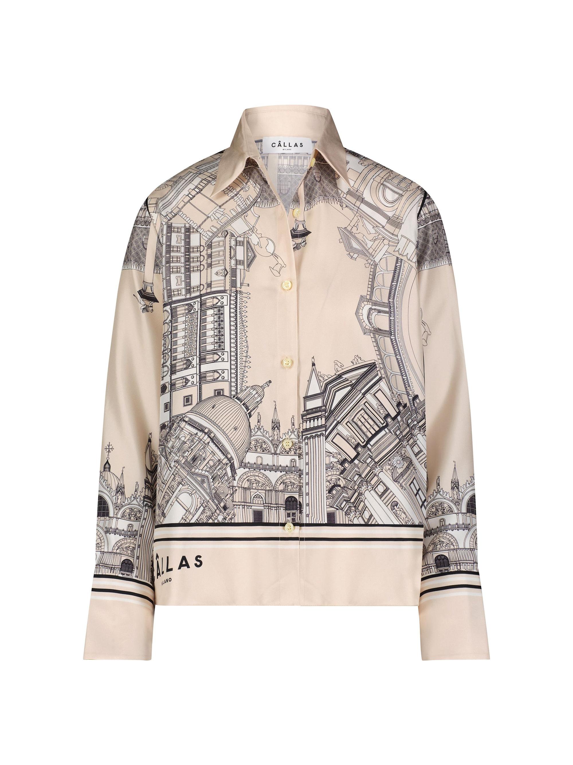 Callas Milano Women's Silk Twill Shirt with Venice Scarf Print Back - Travertine White