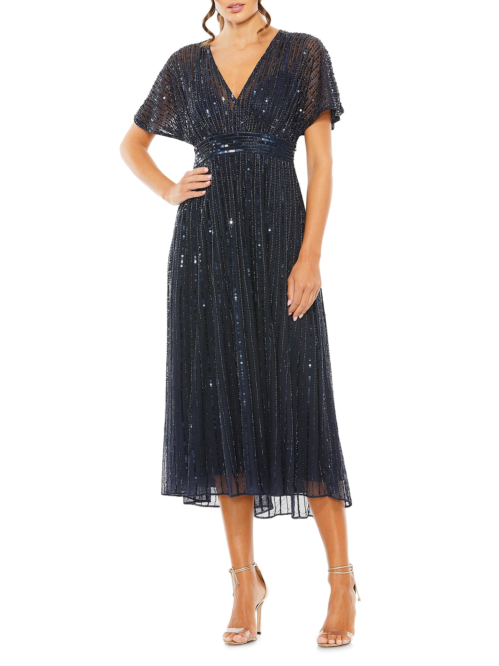 Mac Duggal Women's Sequined Short-Sleeve Midi-Dress - Midnight