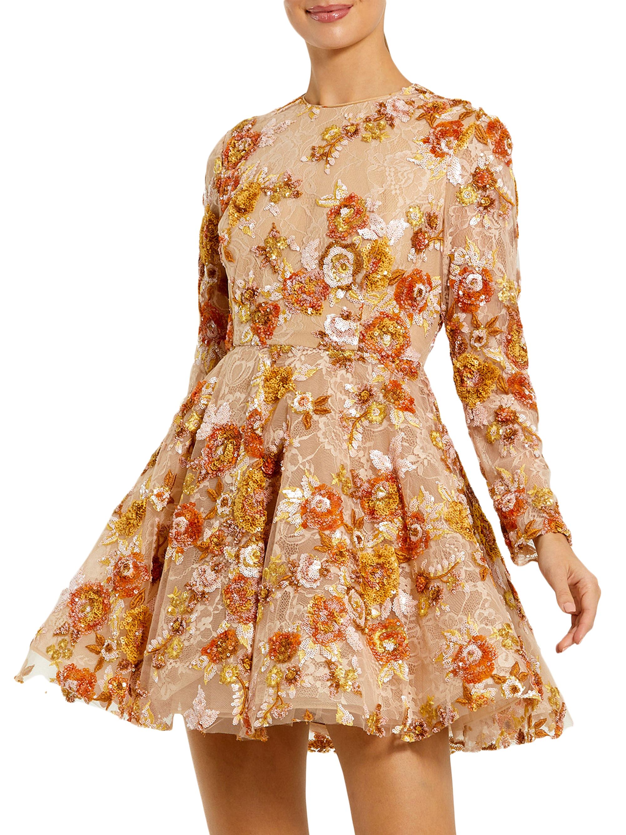 Mac Duggal Women's Lace Floral Long-Sleeve Minidress - Beige Multi