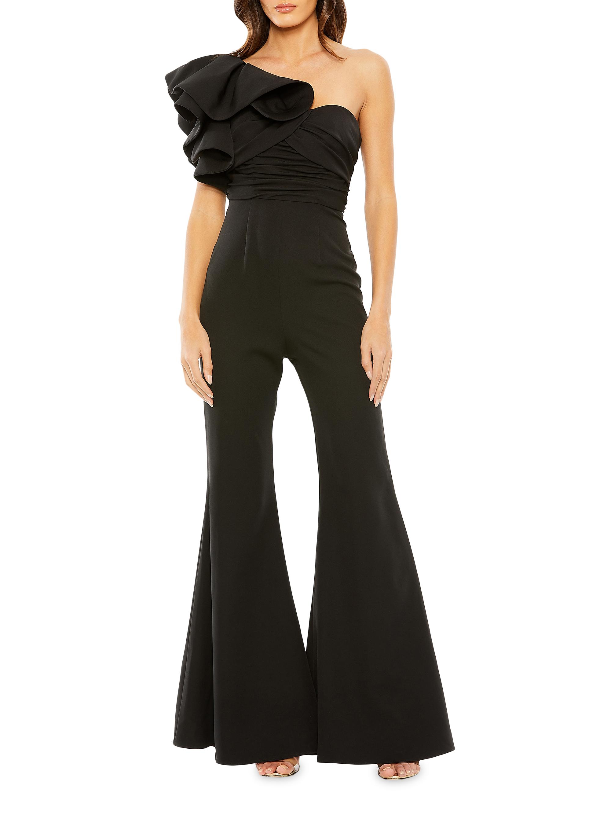 Mac Duggal Women's One-Shoulder Flared Ruffled Jumpsuit - Black