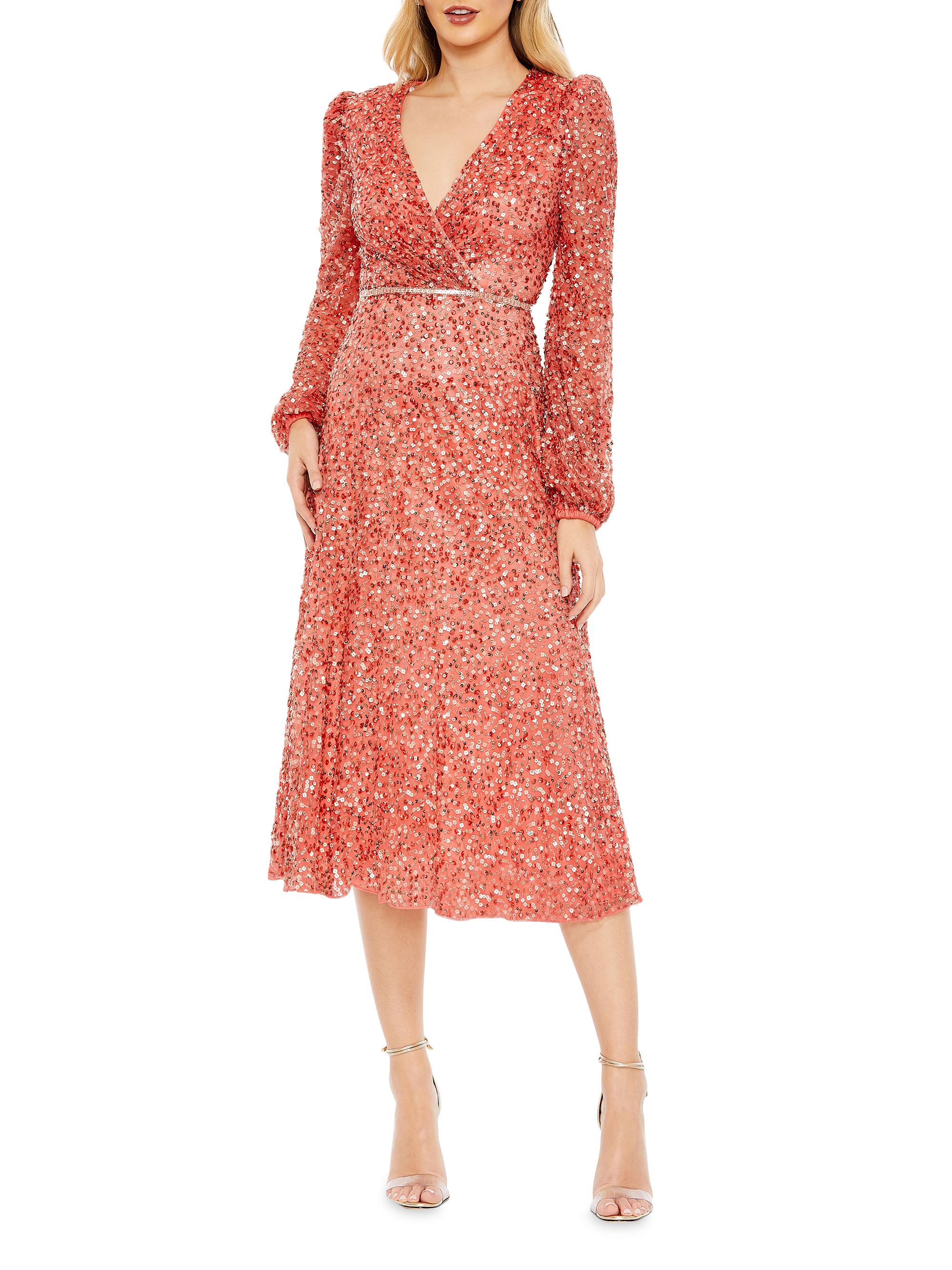 Mac Duggal Women's Sequin Surplice Midi-Dress - Coral