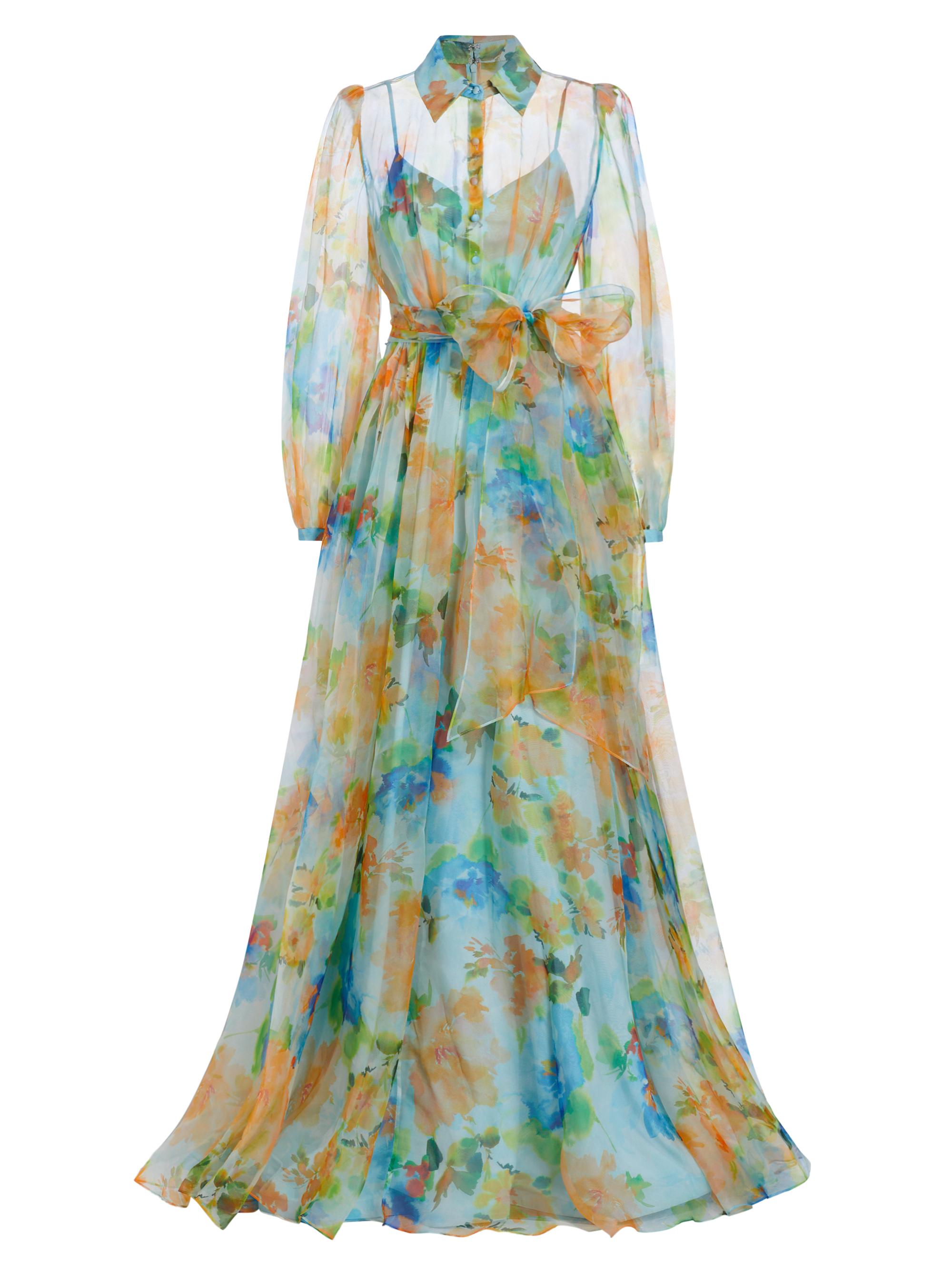 Badgley Mischka Women's Belted Silk Organza Gown - Blue Multi