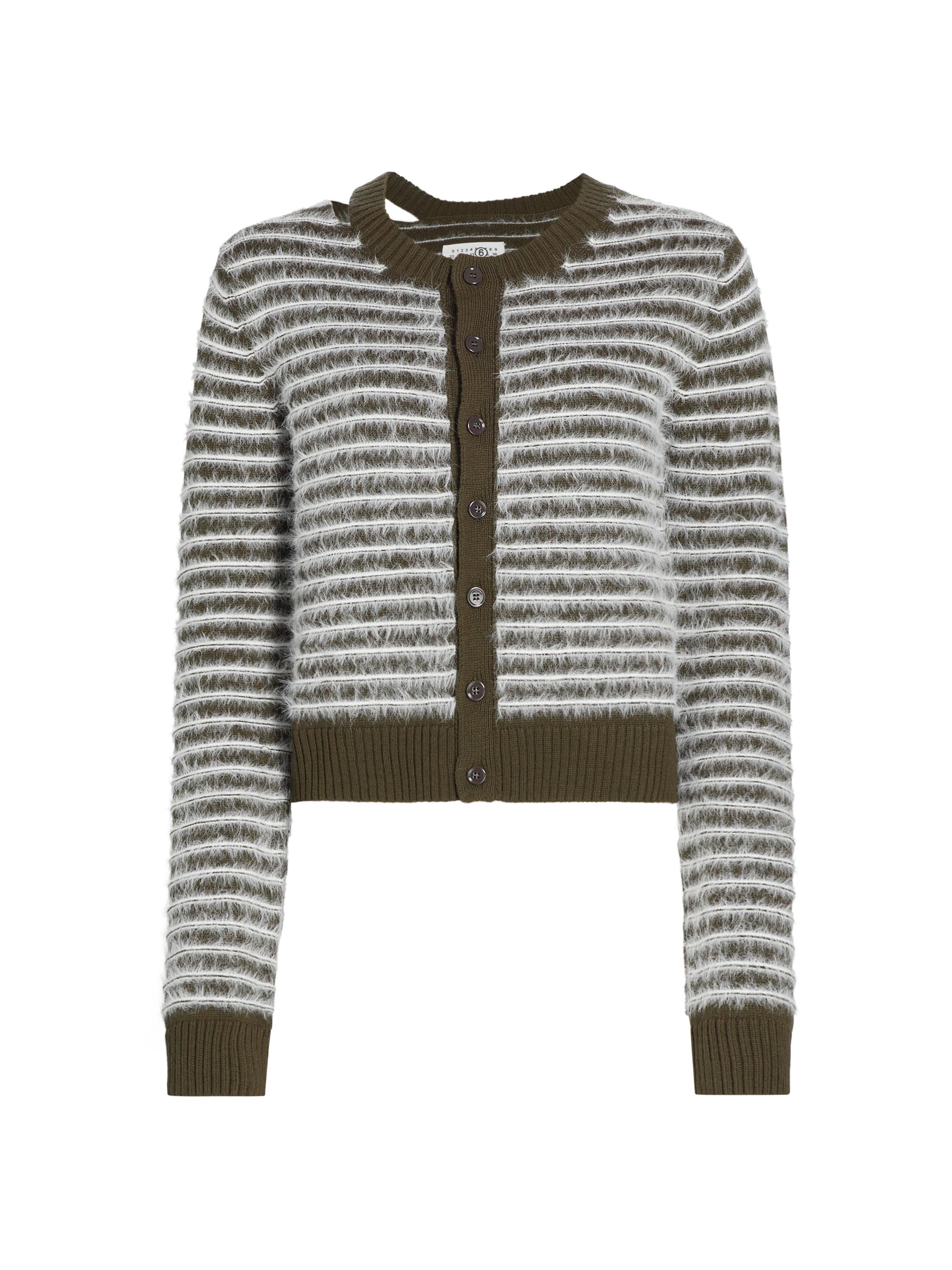 MM6 Maison Margiela Women's Contrast-Striped Wool-Blend Cardigan - Khaki Off White