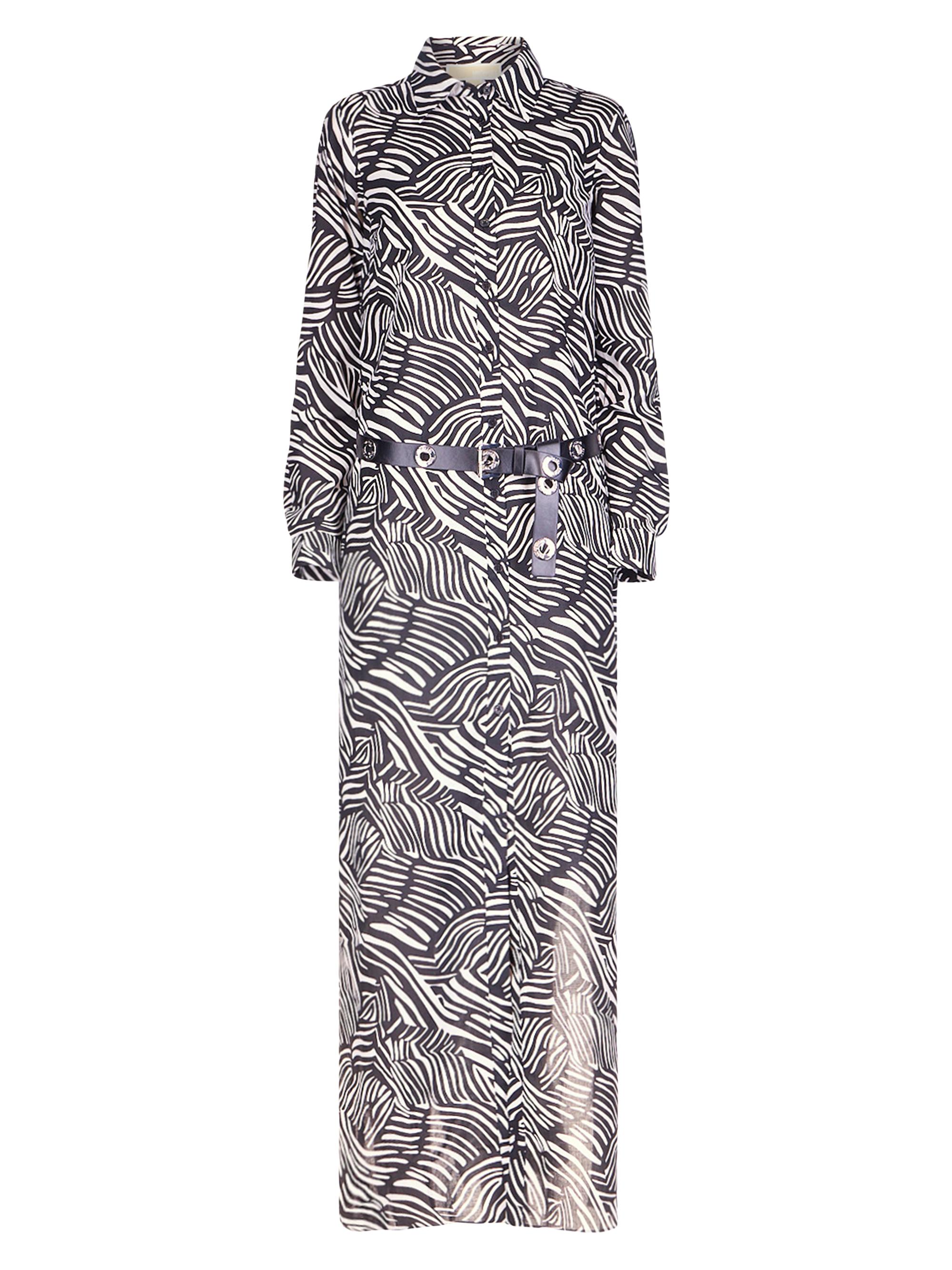 MICHAEL Michael Kors Women's Zebra Belted Cotton Slit Maxi Shirtdress - Black White