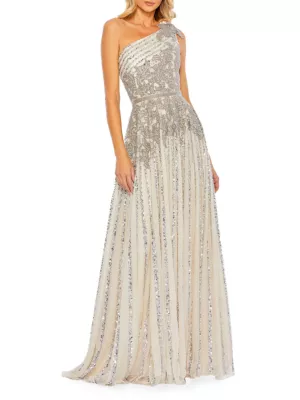 Silver Beaded Embellished One Shoulder A Line Gown - Mac Duggal US 18 Mac Duggal Beaded One-Shoulder A-Line Gown | Saks Fifth Avenue