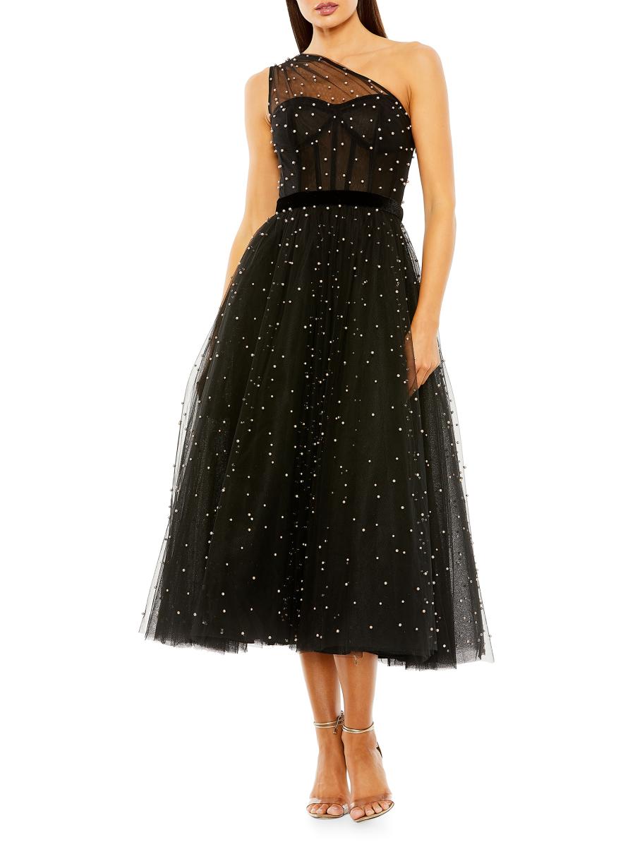 ★新作セール♪★MAC DUGGAL イリュージョンハイネックガウン★ Mac Duggal Embellished Tulle One-Shoulder Midi-Ballgown