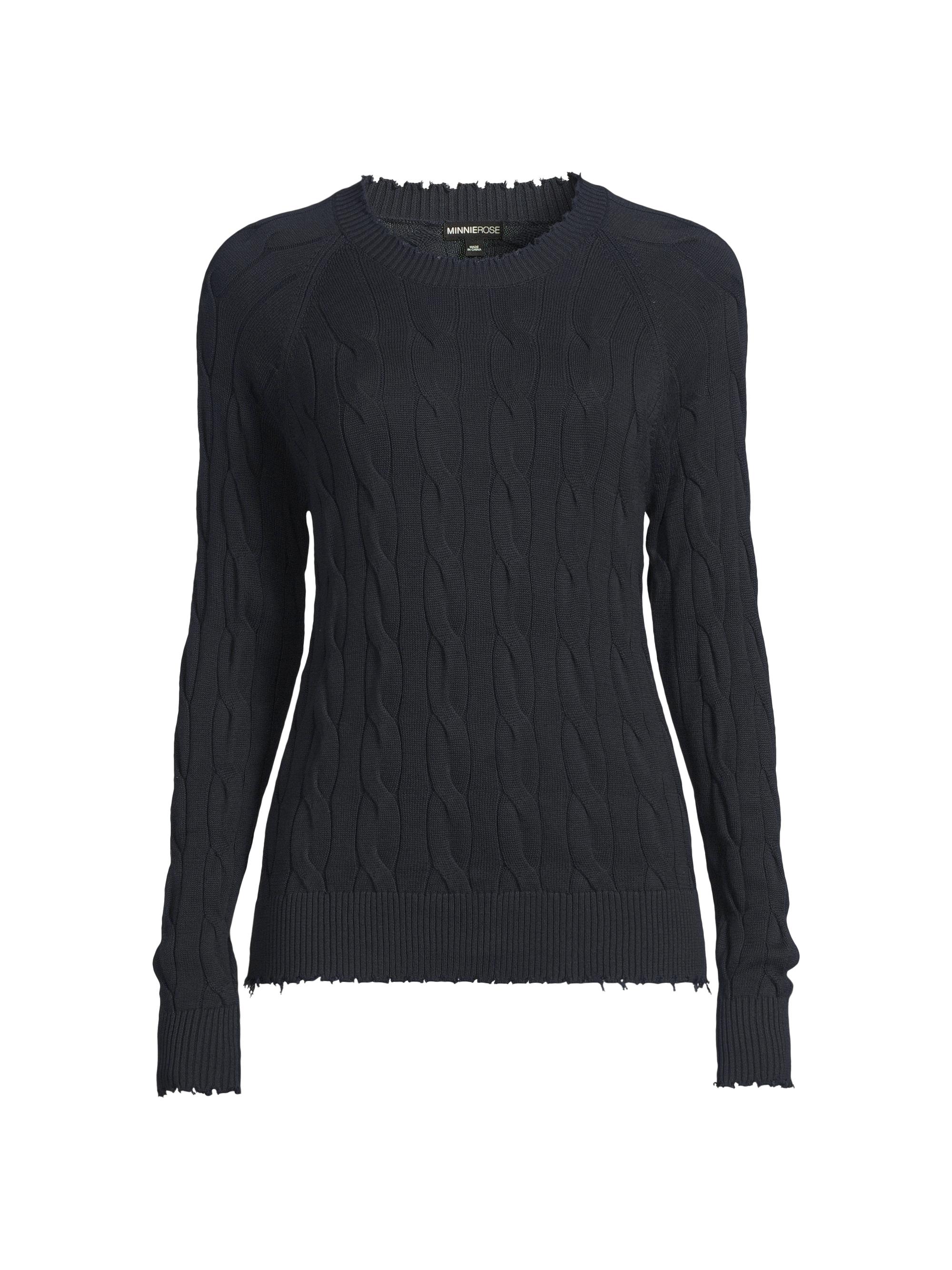 Minnie Rose Women's Frayed Cable-Knit Crewneck Sweater - Navy