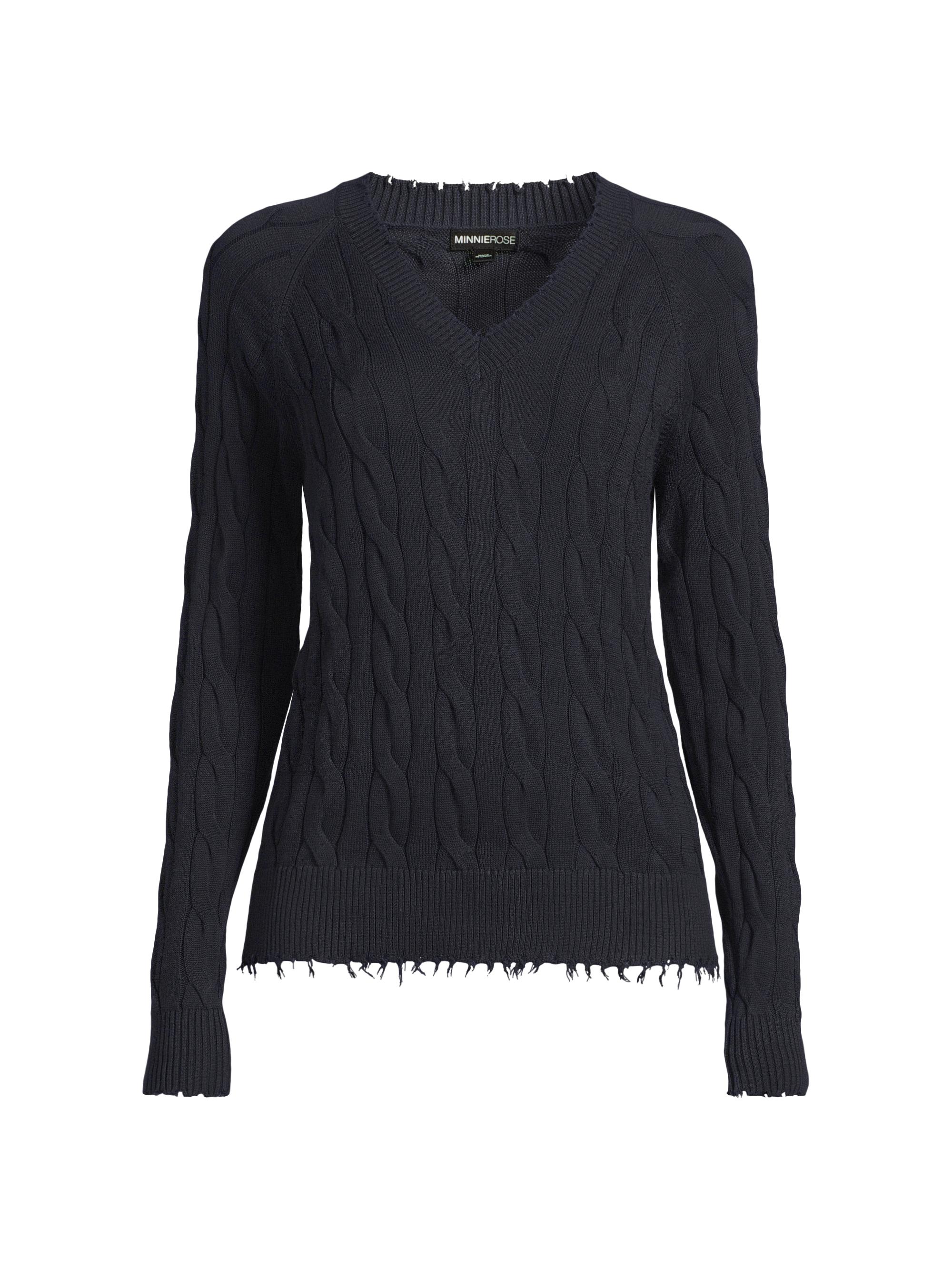 Minnie Rose Women's Cotton Cable-Knit Frayed-Trim Sweater - Navy