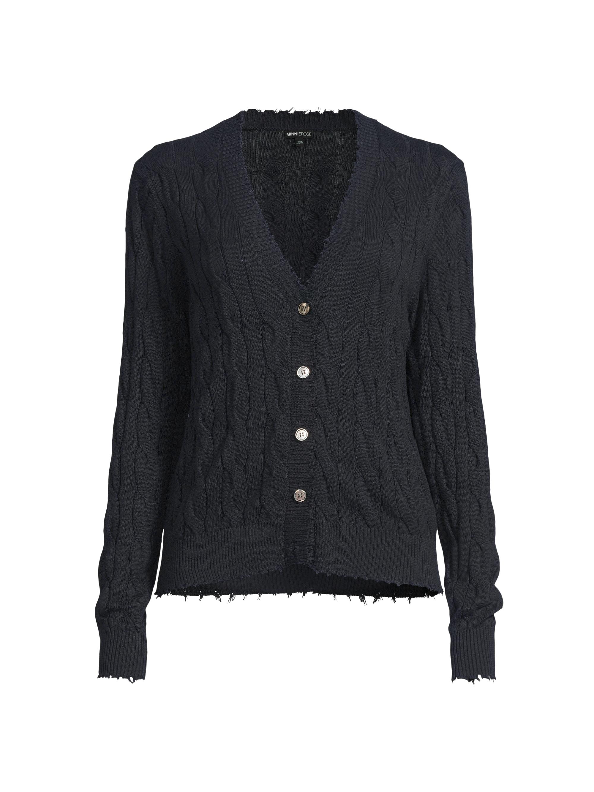 Minnie Rose Women's Frayed Cable-Knit Cardigan - Brown Sugar