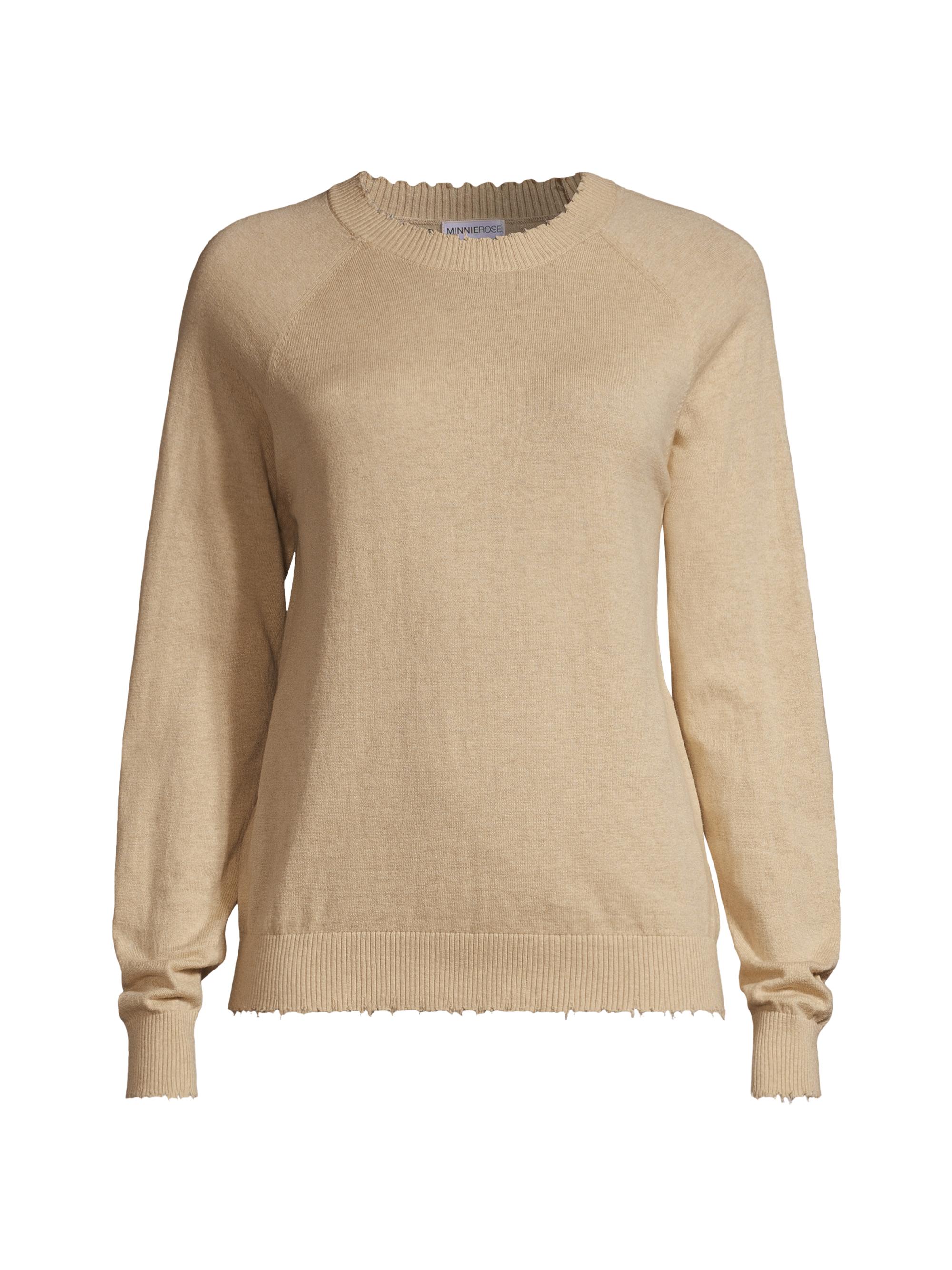 Minnie Rose Women's Cotton-Cashmere Frayed Crewneck Top - Brown Sugar
