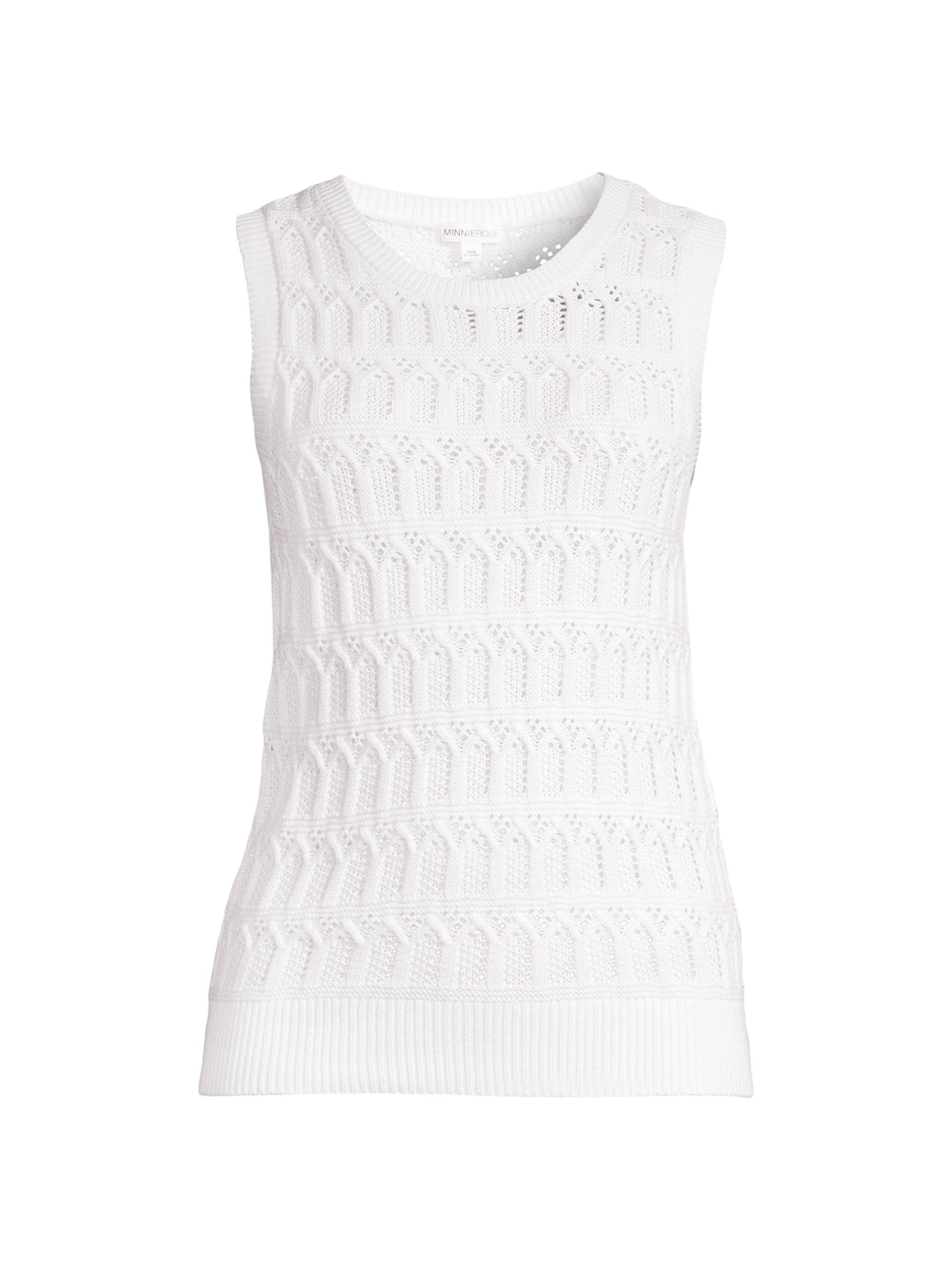Minnie Rose Women's Cotton-Cashmere Pointelle Sleeveless Top - White