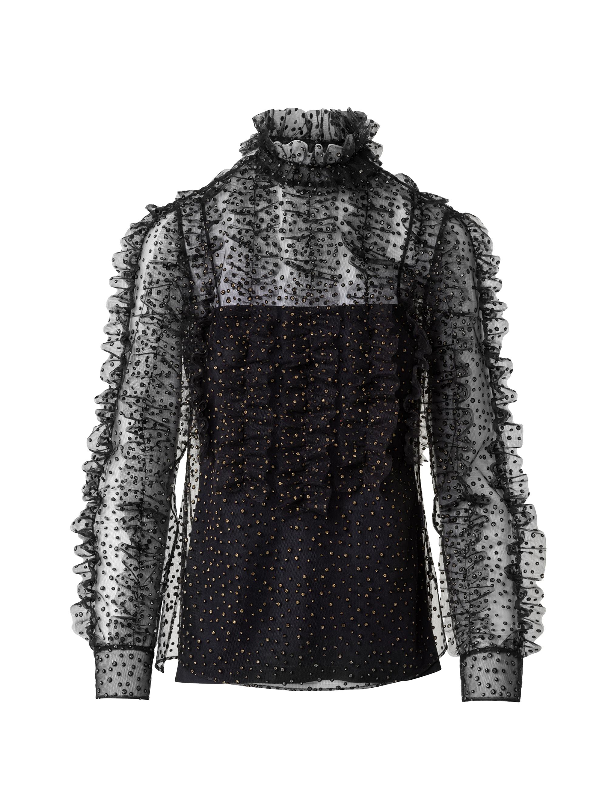 Akris punto Women's Metallic-Dot Ruffled Tulle Blouse - Black Gold