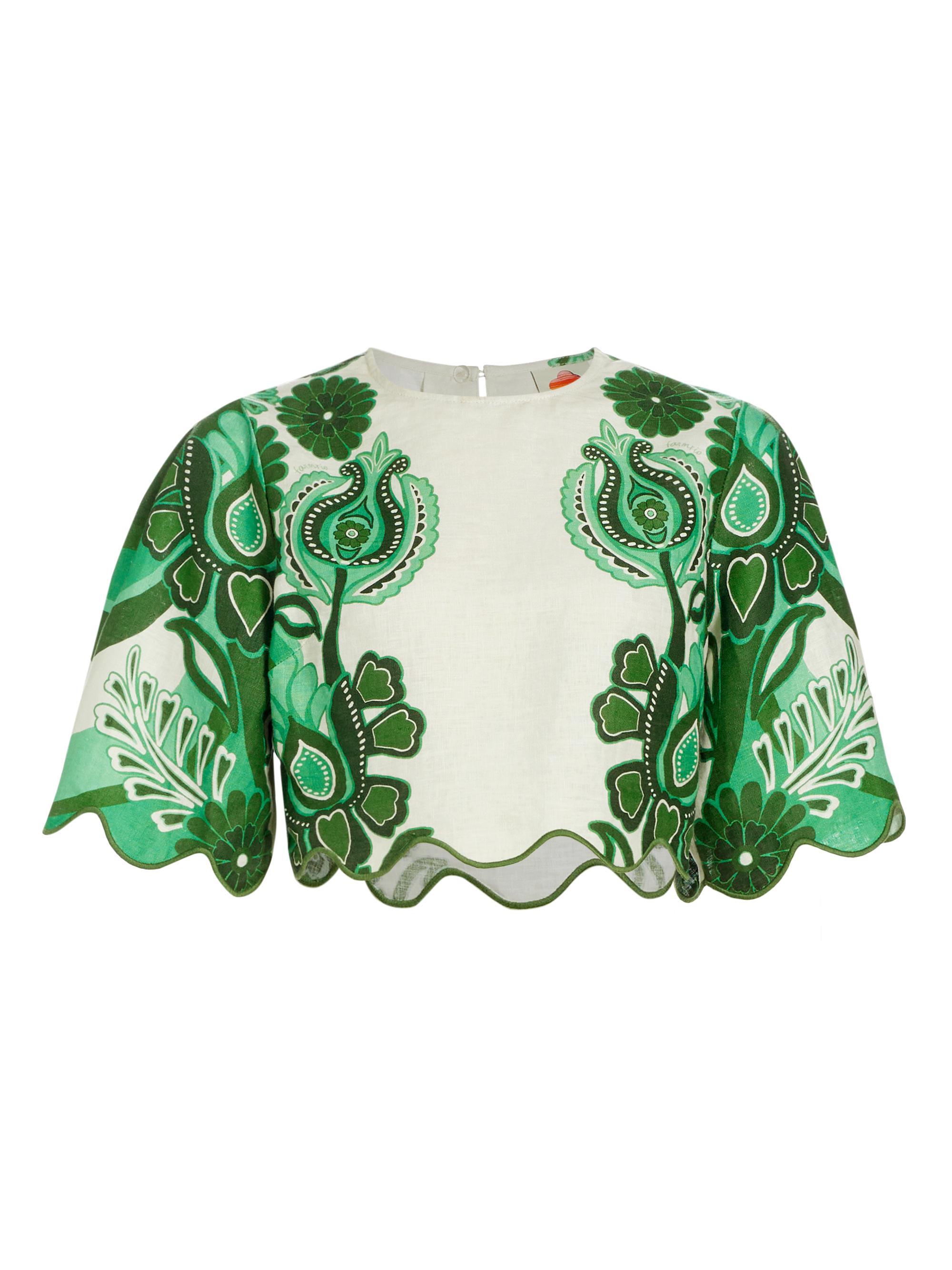 Farm Rio Women's Geometric Linen Crop Top - Color Festival Green