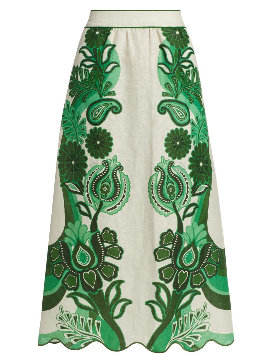 Farm Rio Geometric Floral Linen Midi-Skirt | Saks Fifth Avenue