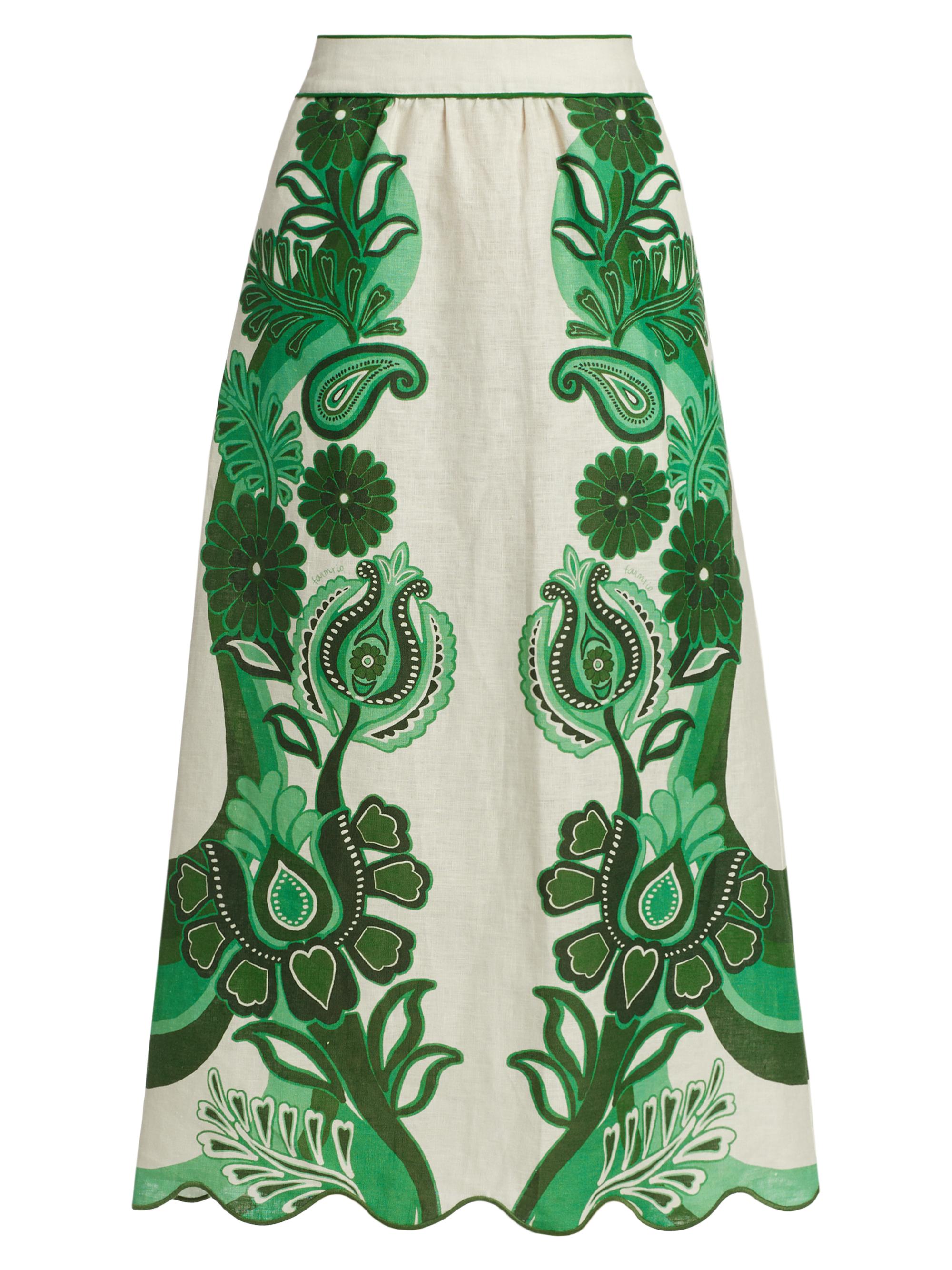 Farm Rio Women's Geometric Floral Linen Midi-Skirt - Color Festival Green