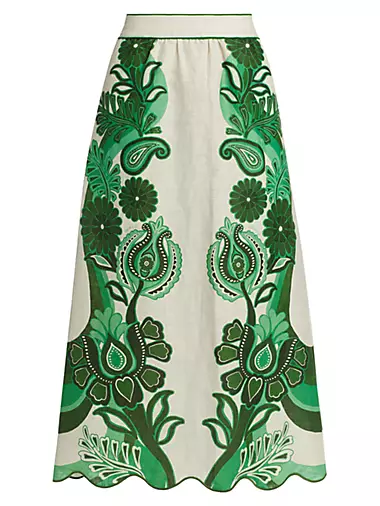 Geometric Floral Linen Midi-Skirt